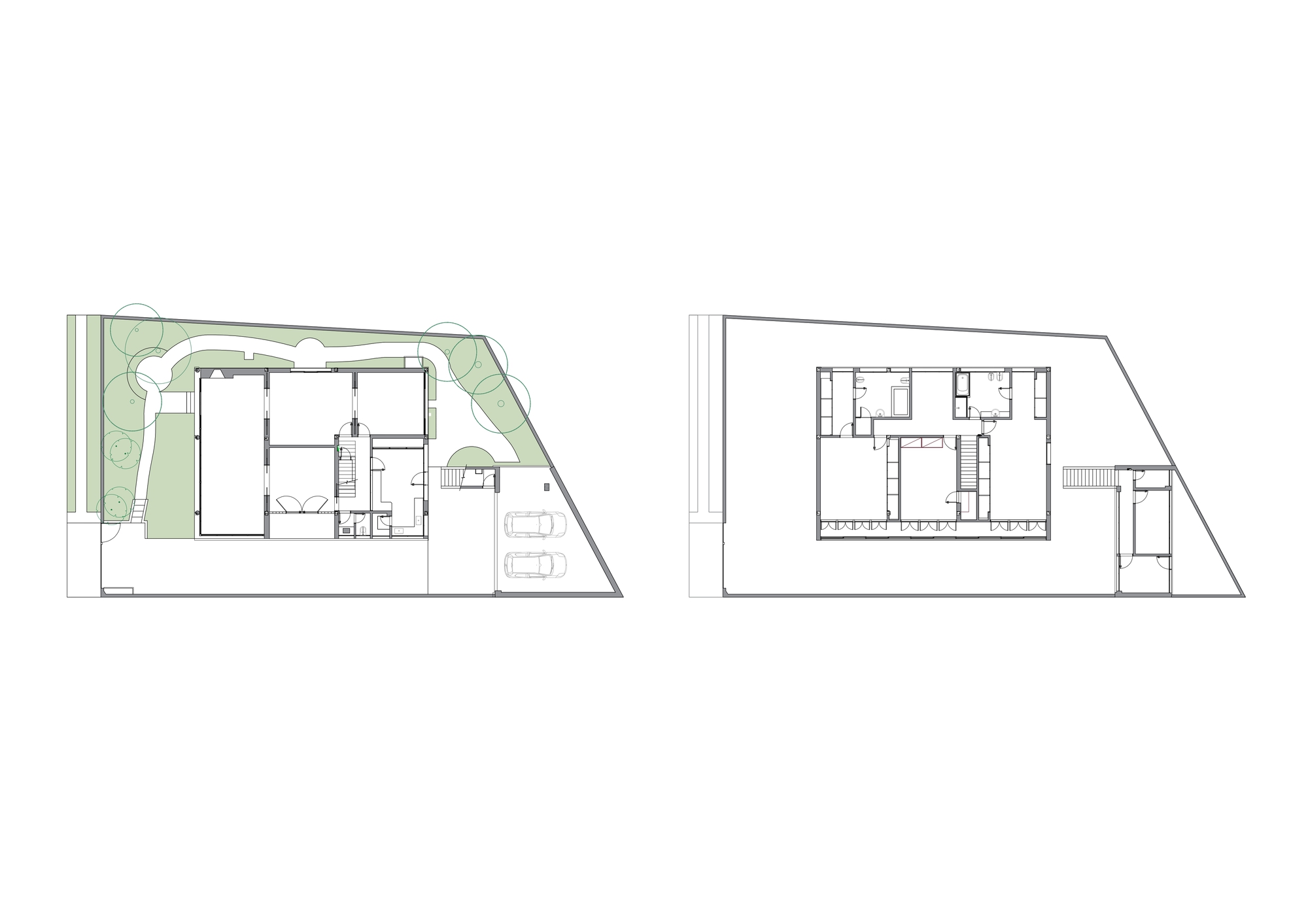 Two floor plan drawings showing a ground level with garden and parking beside an upper level with bedrooms and bathrooms