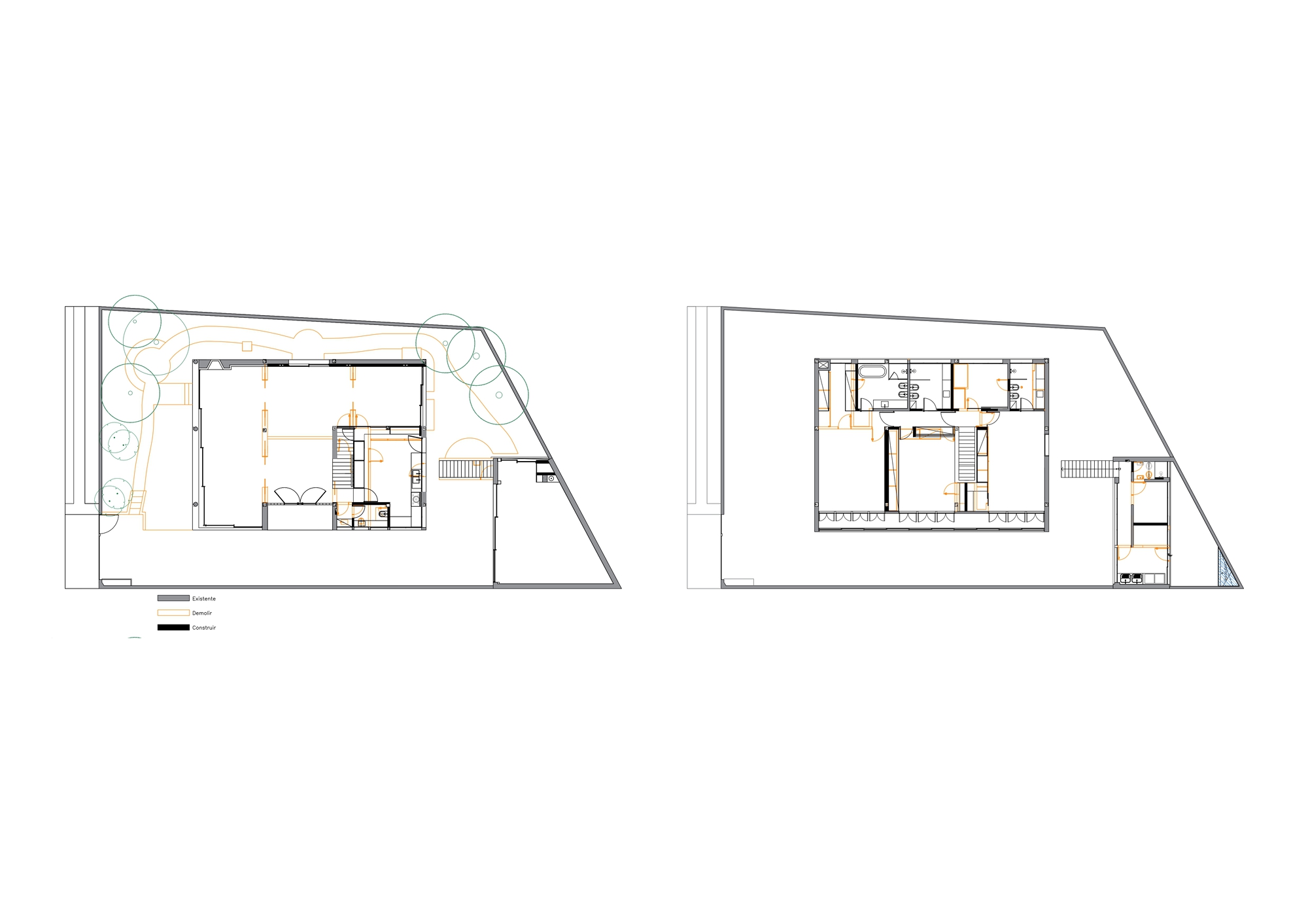 Two floor plan drawings marking existing, demolished and new construction in different line colors on ground and upper levels