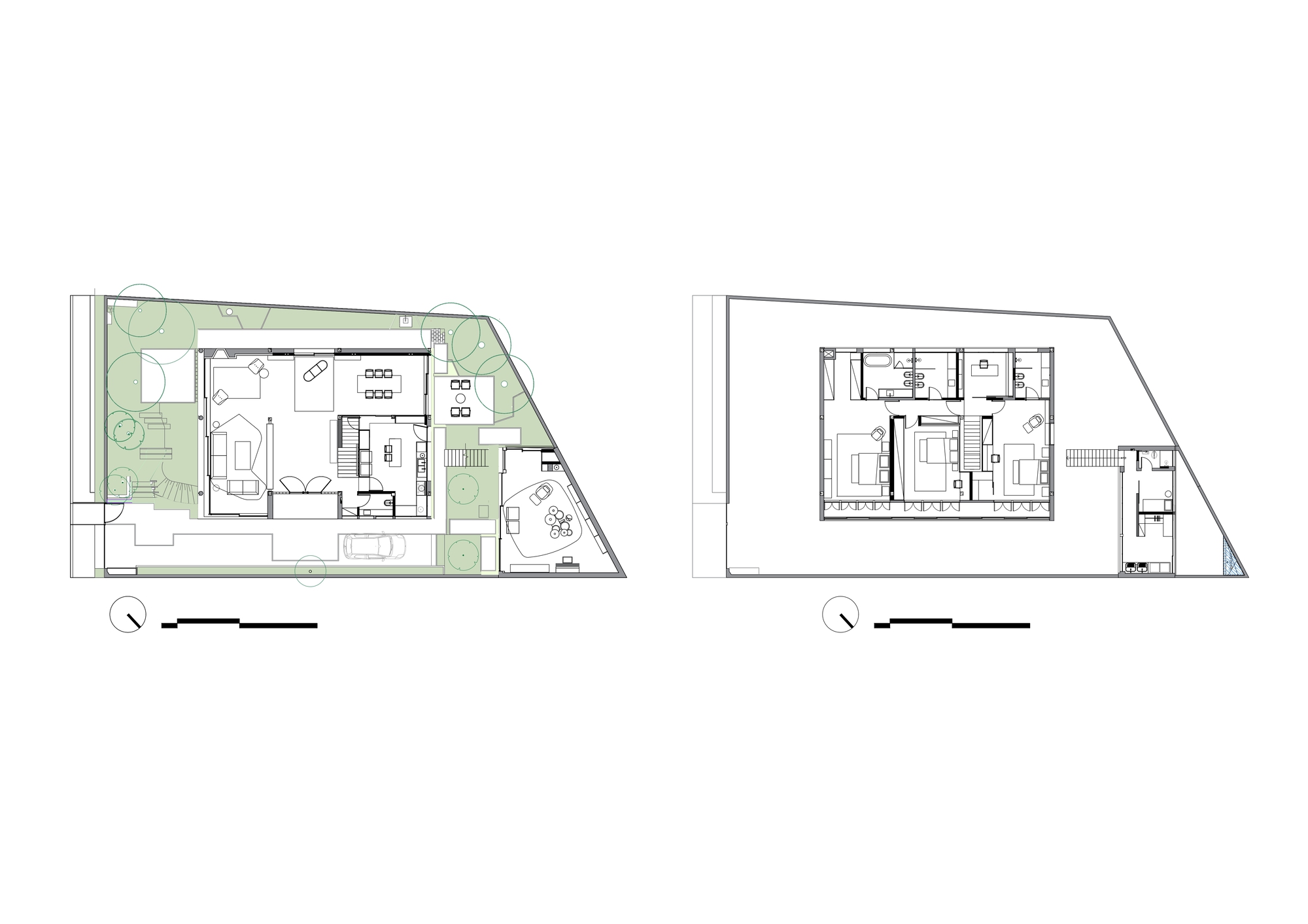 Two furnished floor plan drawings showing a ground level with garden, car and living areas beside an upper level of bedrooms