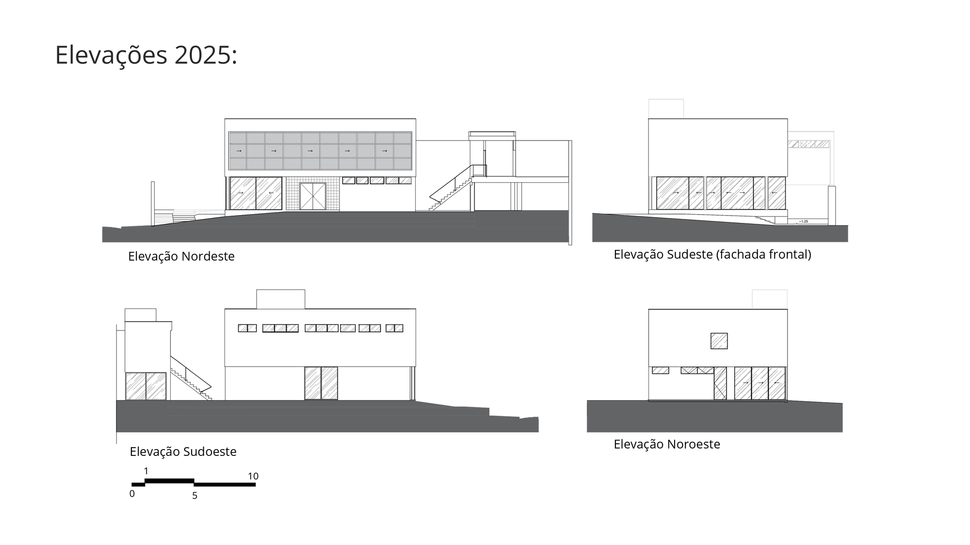 Elevation drawing set showing four facades of a two-storey house raised on columns, with a gridded upper panel and an exterior stair