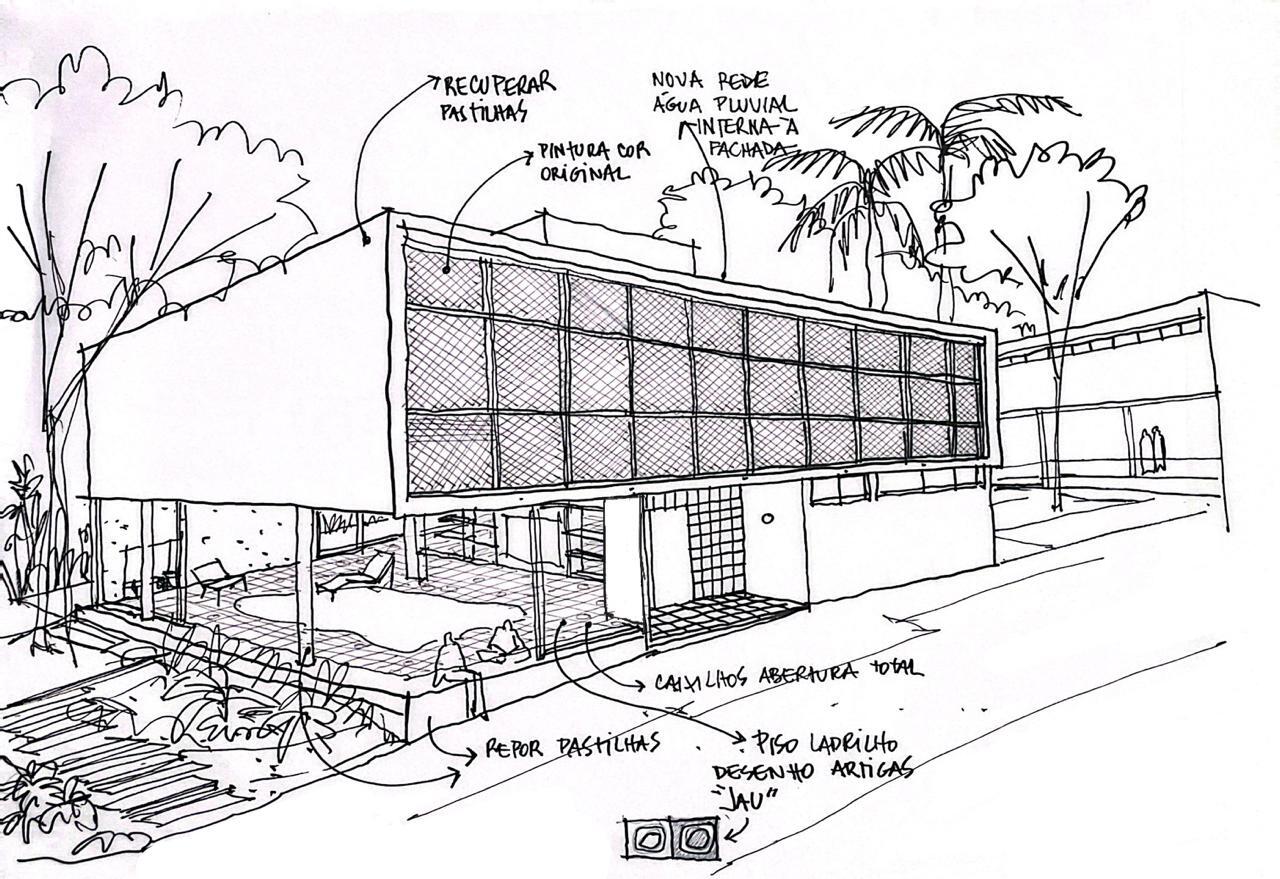 Perspective sketch of the lifted upper volume with its gridded screen above a pilotis terrace, palms and handwritten restoration notes around it