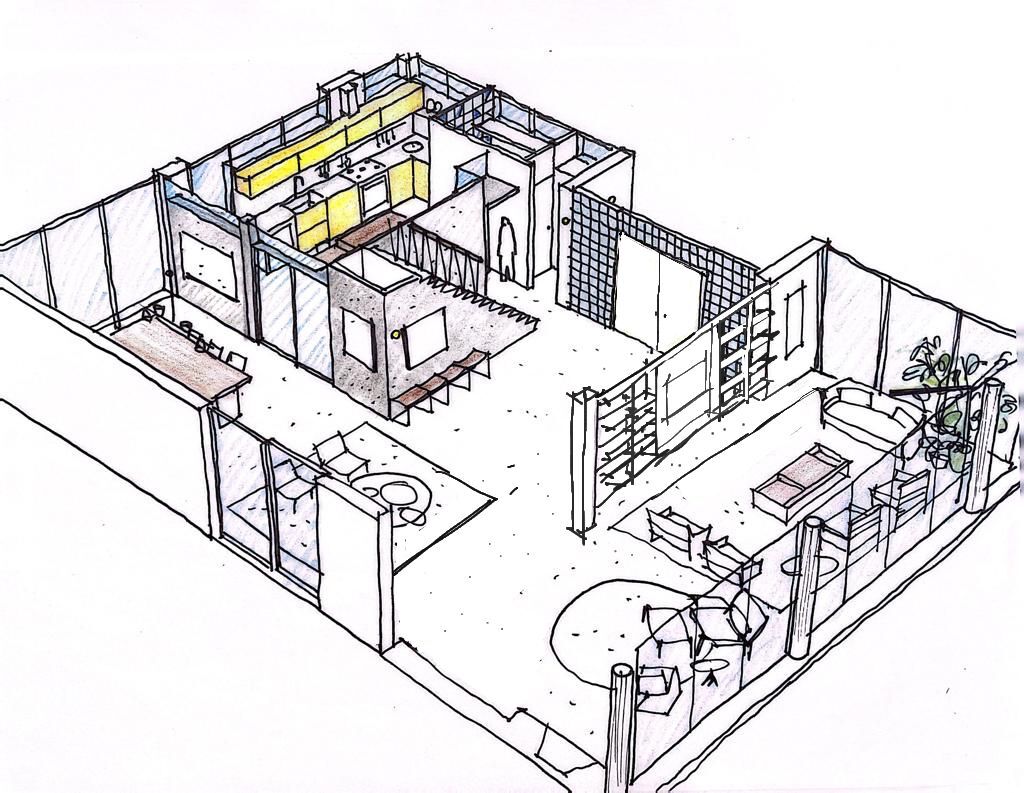 Axonometric cutaway sketch of the open ground floor, with a yellow kitchen block, dining table and lounge area among partition walls