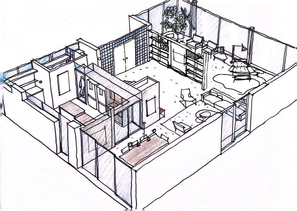 Axonometric sketch of the same ground floor from the opposite side, showing a tiled wall, shelving, a dining table and a potted plant