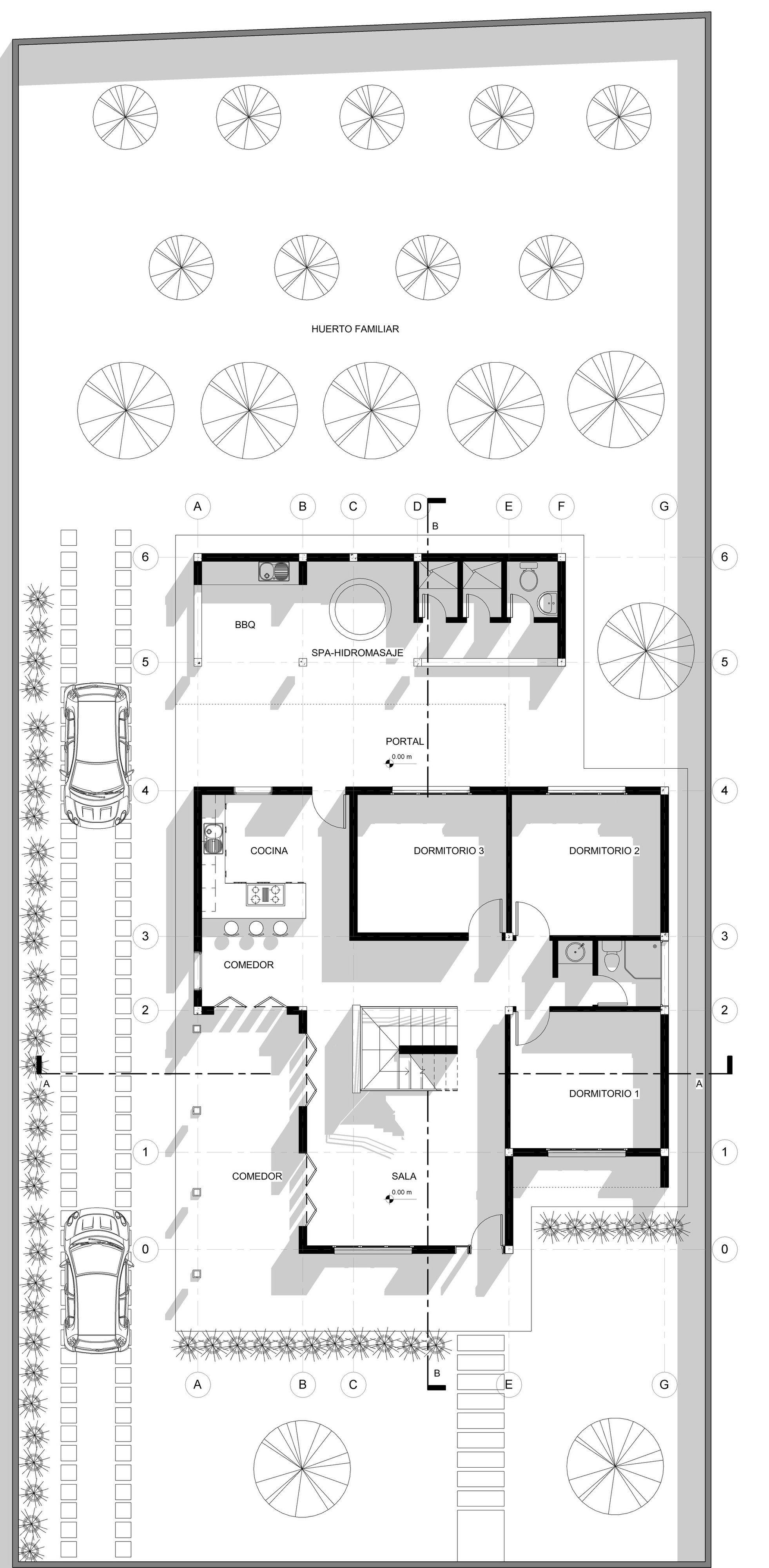 Site plan drawing of a single-storey house with bedrooms, kitchen, living areas, a barbecue and spa pavilion, parked cars and a family orchard