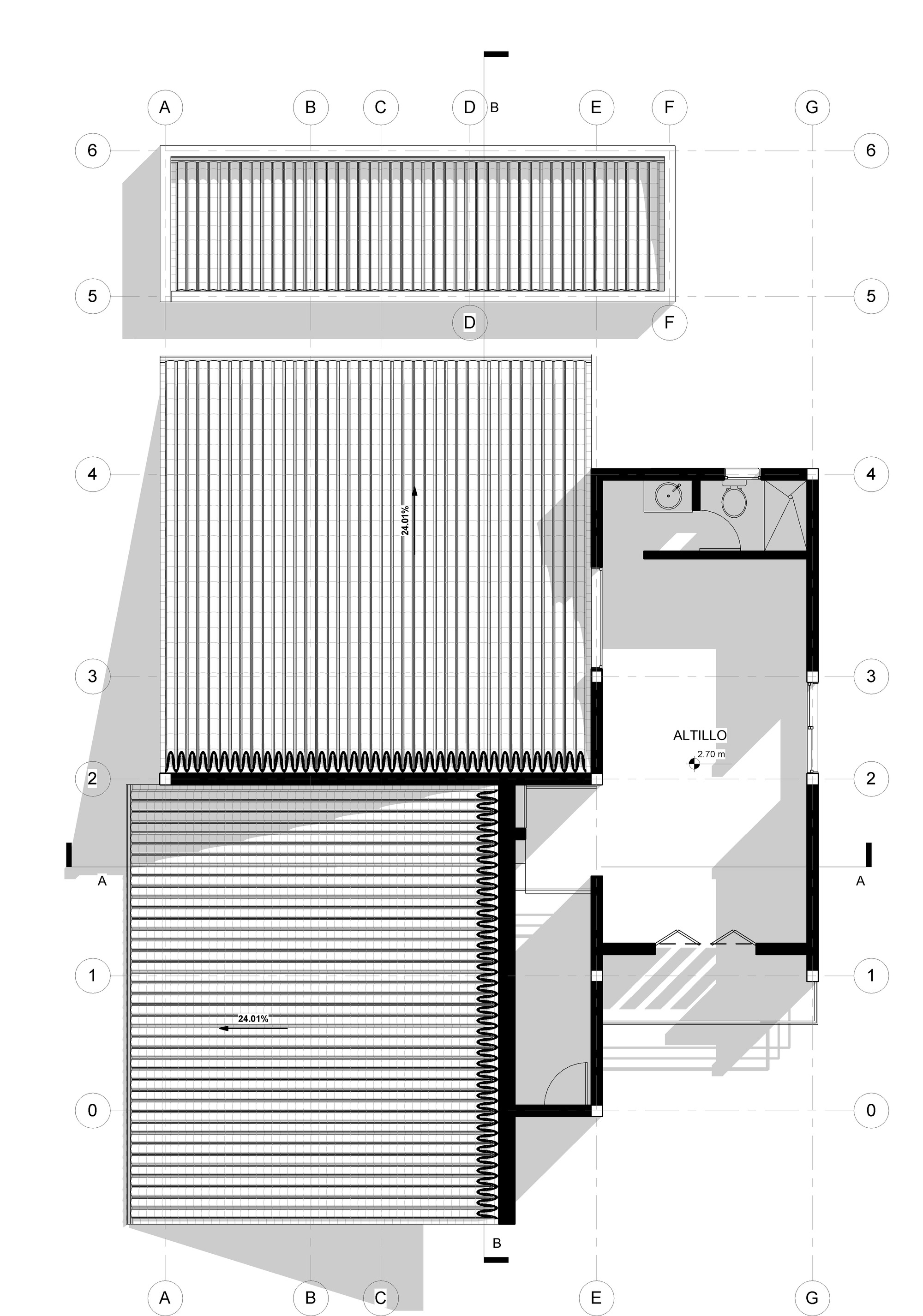 Roof plan drawing showing two ribbed roof planes with slope arrows, a mezzanine volume with bathroom, and grid axes, with cast shadows