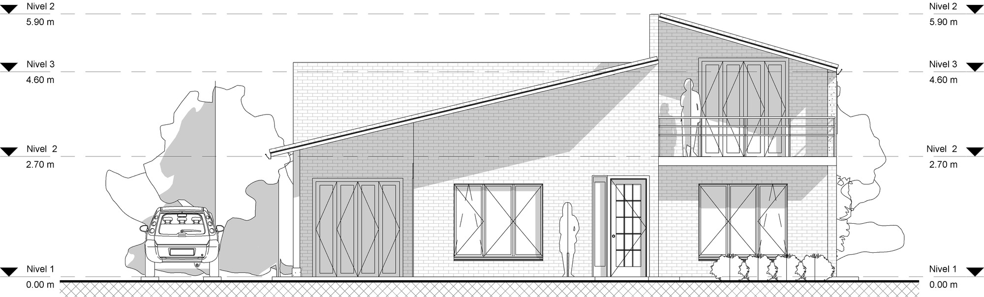 Front elevation drawing of a brick house with a pitched roof, upper balcony with a standing figure, and a parked car beside trees