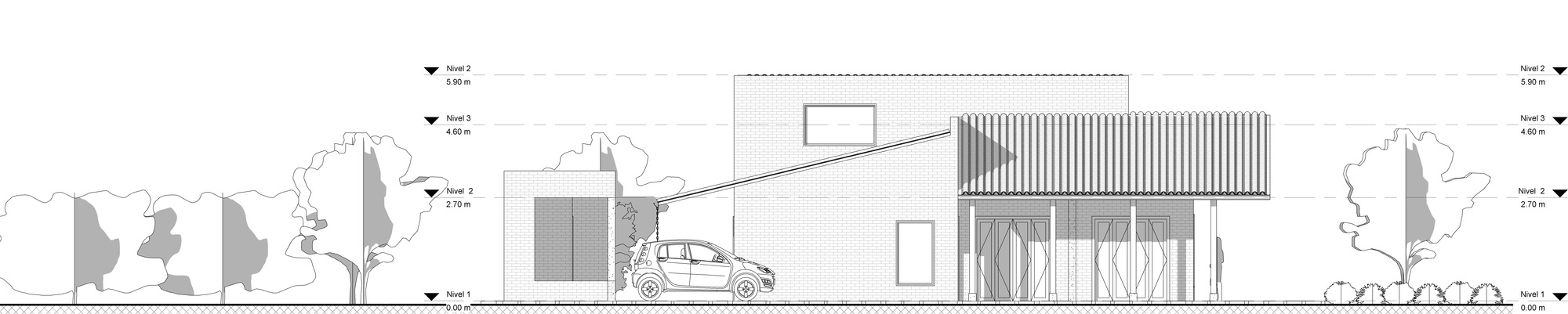 Side elevation drawing showing a ribbed pergola roof, a brick volume with a high window, and a car parked among trees