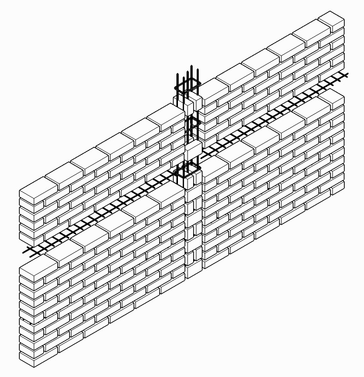 Axonometric drawing of a brick wall with a reinforced vertical column and a horizontal steel bar running through the courses