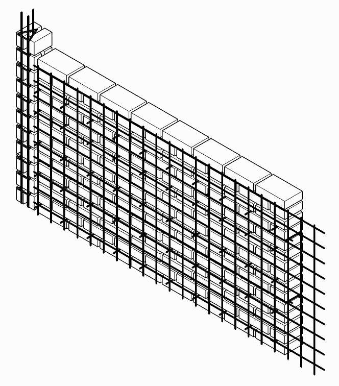 Axonometric drawing of a brick wall wrapped in a dense grid of vertical and horizontal reinforcing bars