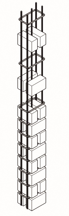 Axonometric drawing of a vertical reinforced column with steel stirrups and stacked blocks, partly cut away to show the rebar cage