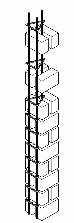 Axonometric drawing of a masonry column with stacked blocks, vertical steel reinforcing bars and triangular stirrups spaced closer together toward the base