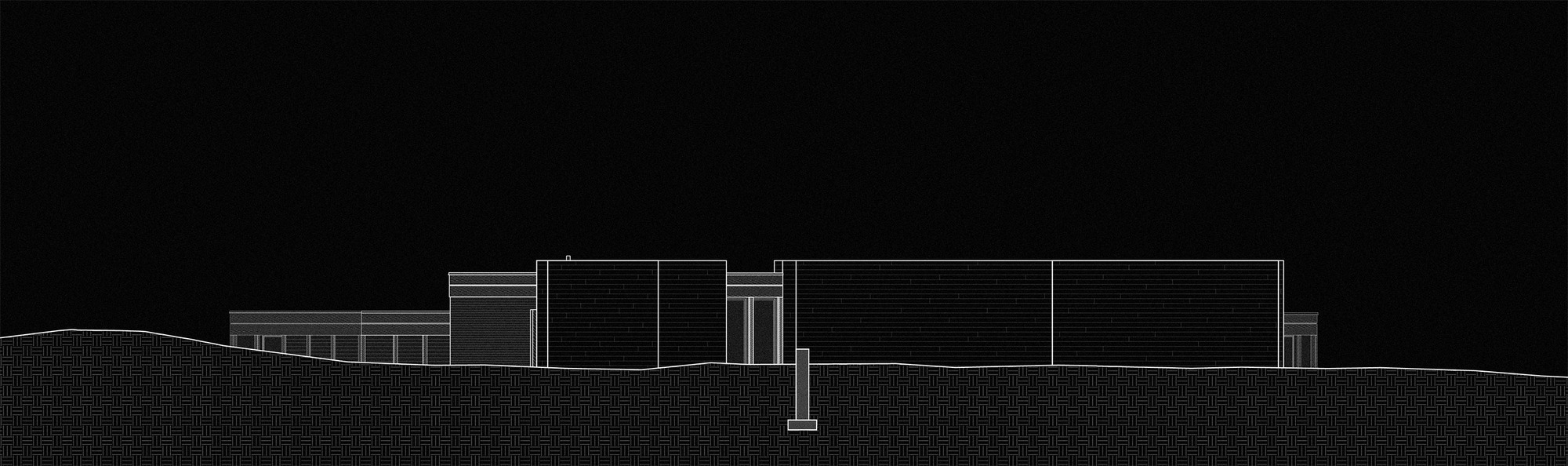 Elevation drawing of a low, long building with blank solid wall panels and a few glazed openings, set on a rising ground line