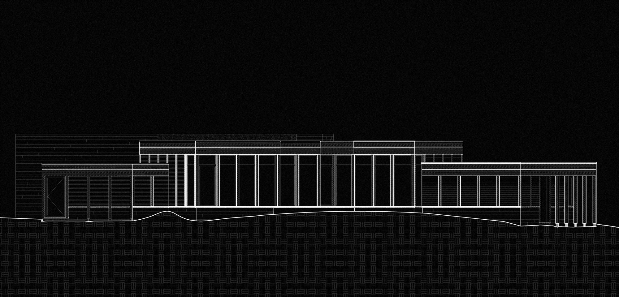 Elevation drawing of a long glazed facade with a regular column rhythm and flat roof, sitting on a gently undulating ground line