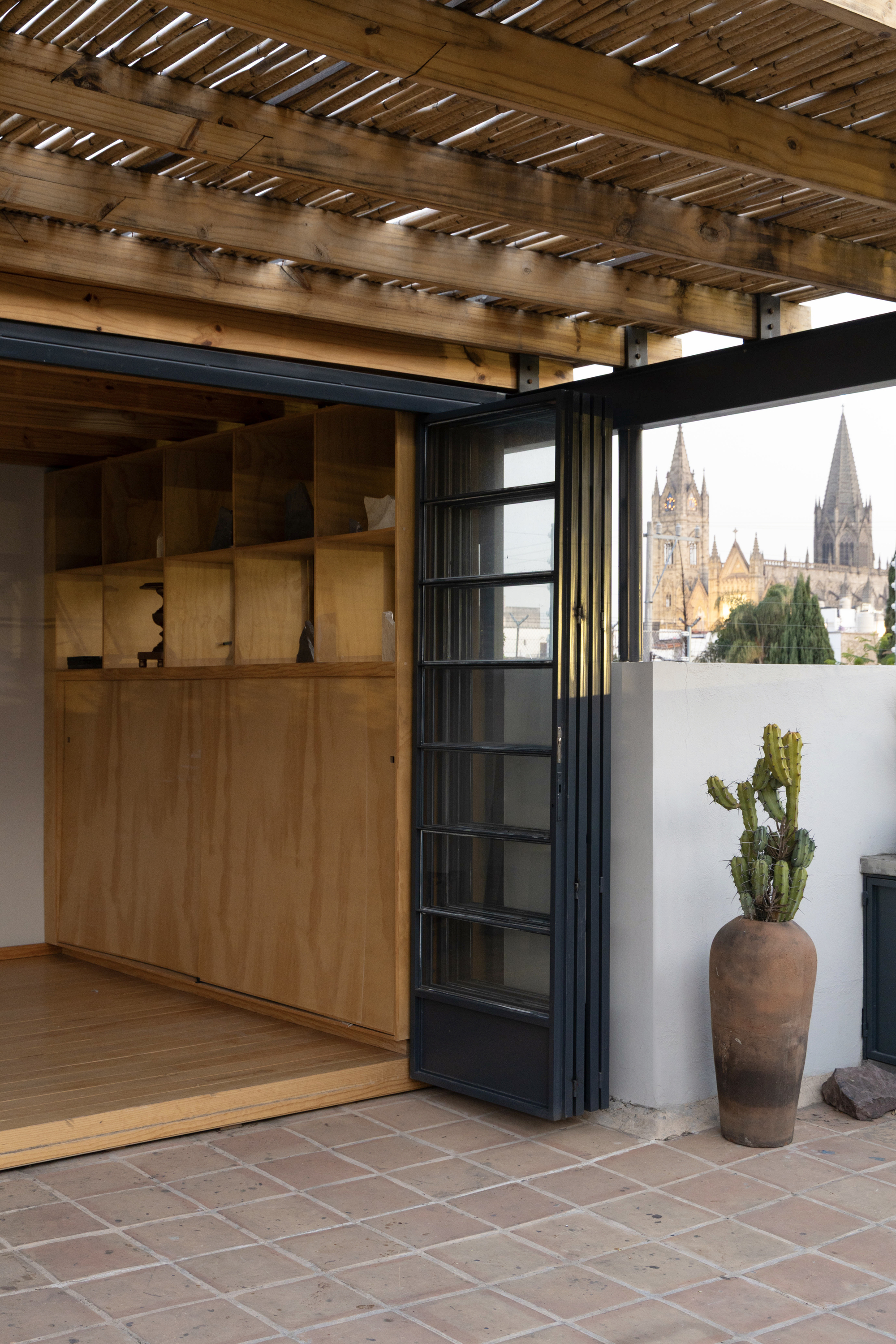 Folding steel and glass door beside plywood shelving, with a cactus in a clay pot and distant church spires in hazy sky