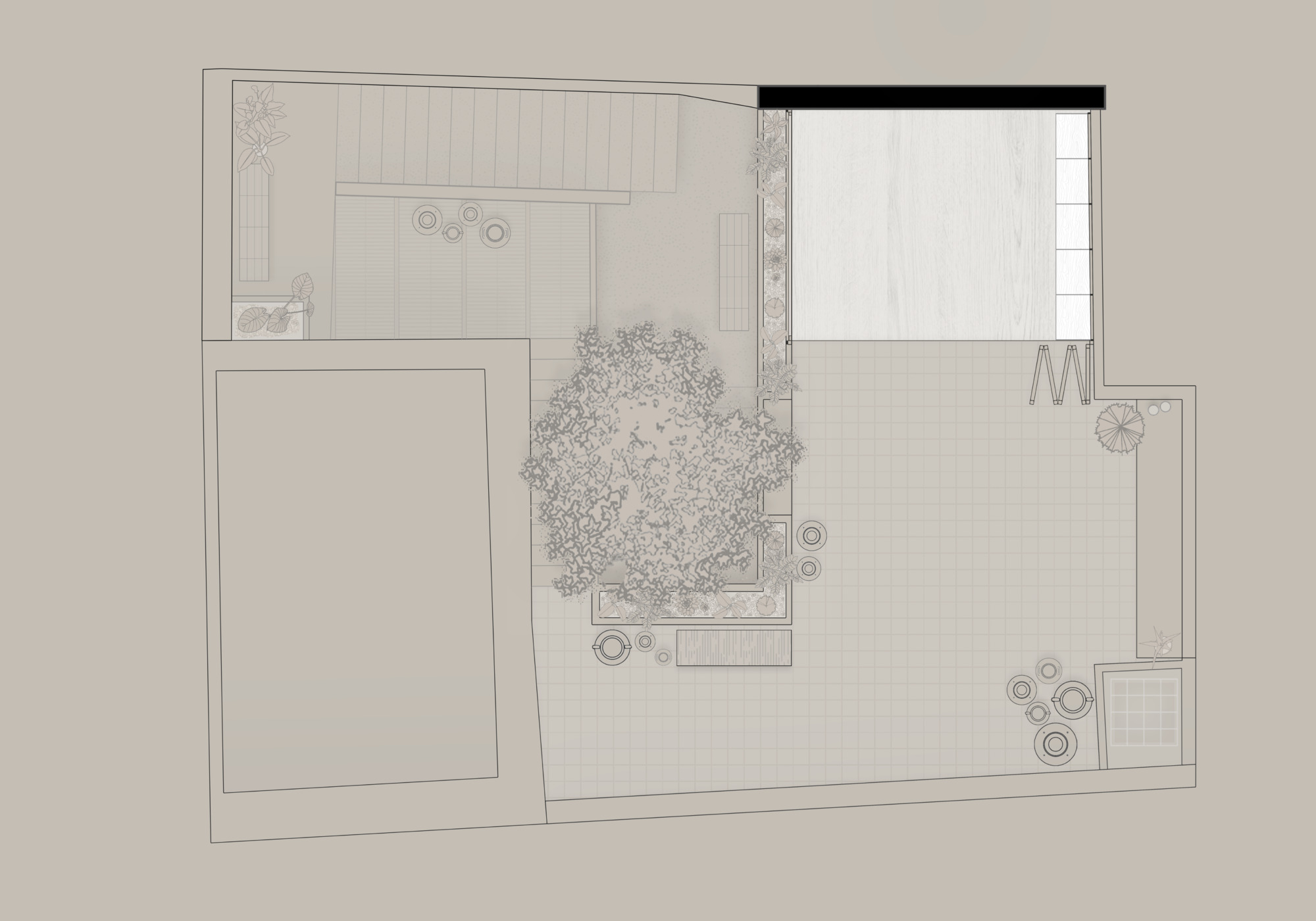 Site plan drawing showing a courtyard with a central tree, paved terrace, planting beds and a rectangular pavilion at upper right