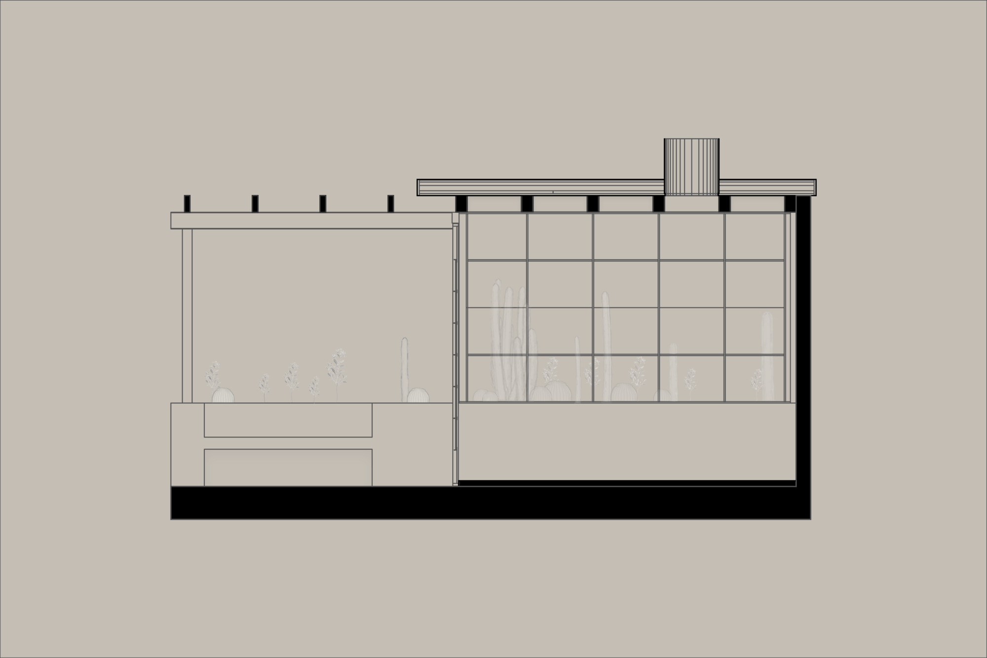 Section drawing showing a gridded glazed volume with a roof vent beside an open pergola over planters with cacti