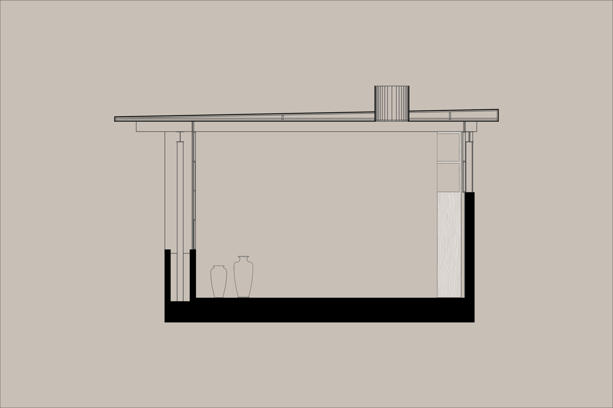 Section drawing of a single-story pavilion with a gently sloped roof, a cylindrical roof lantern and two vases standing on the floor