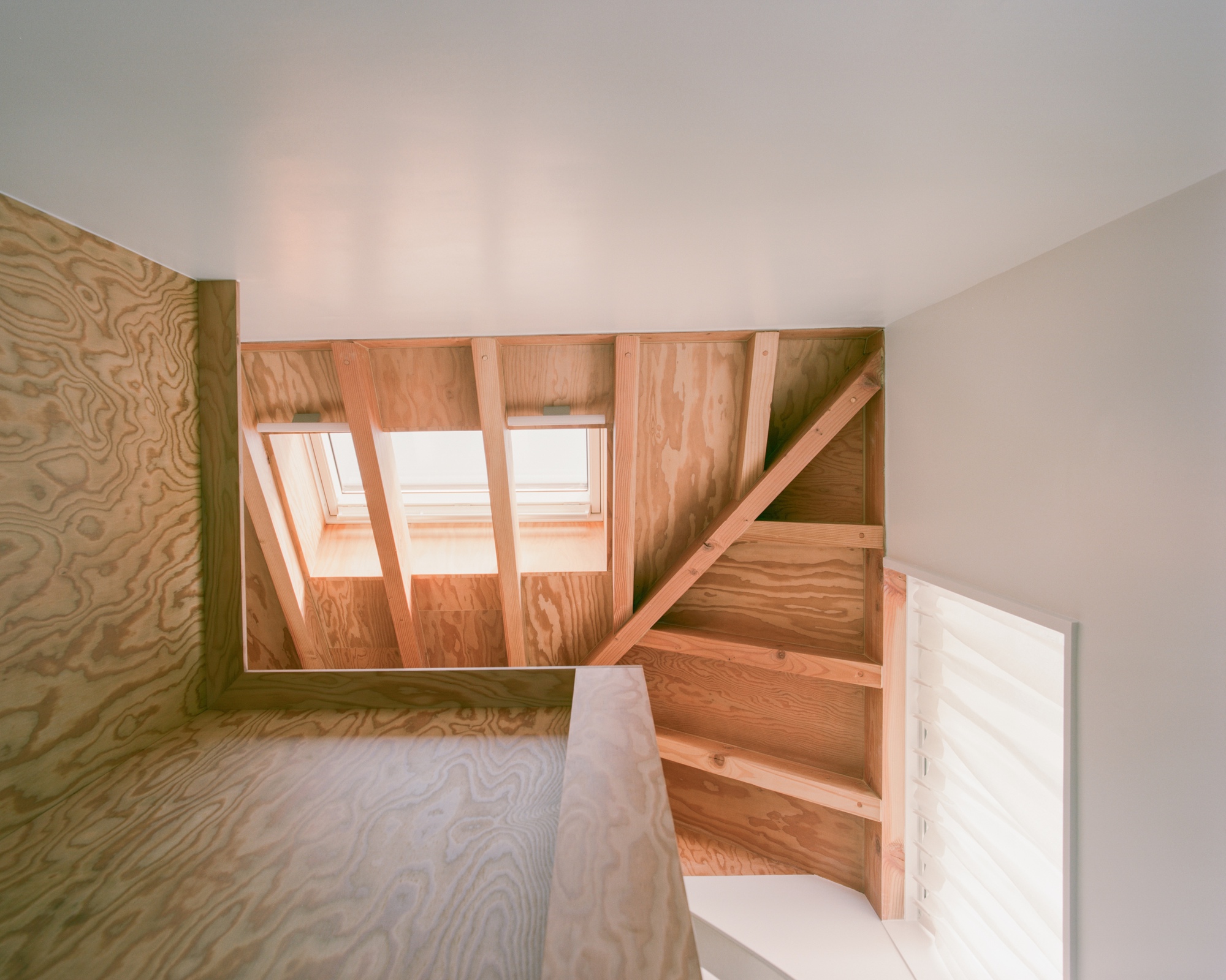 Looking up a stairwell at plywood-clad walls, exposed timber rafters and a roof window glowing with daylight