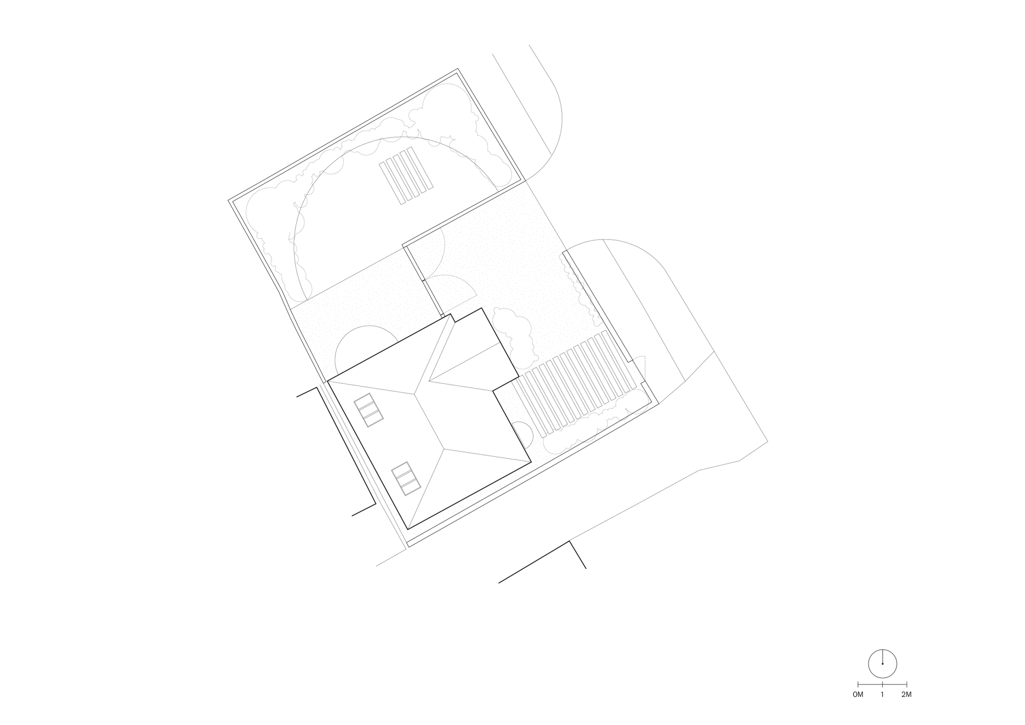 Site plan drawing showing the hipped roof of the house, surrounding garden areas, paths and boundary lines