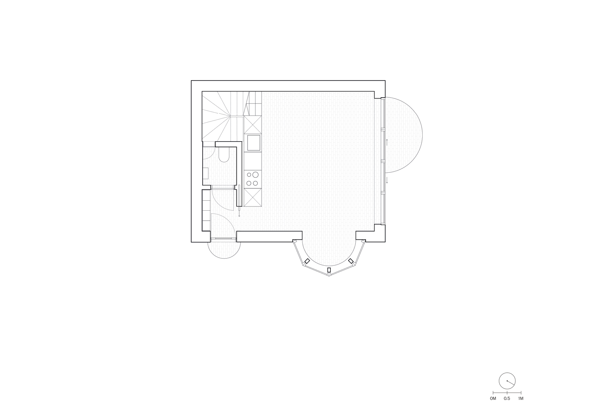 Ground floor plan drawing showing an open living and kitchen space, a staircase, a small toilet and a bay window