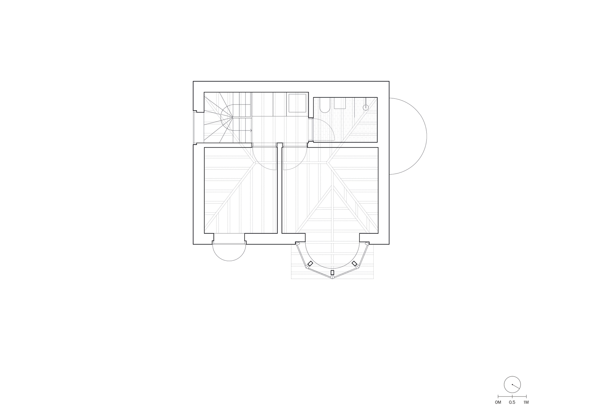 First floor plan drawing showing two bedrooms with roof lines overhead, a staircase, a bathroom and a bay window