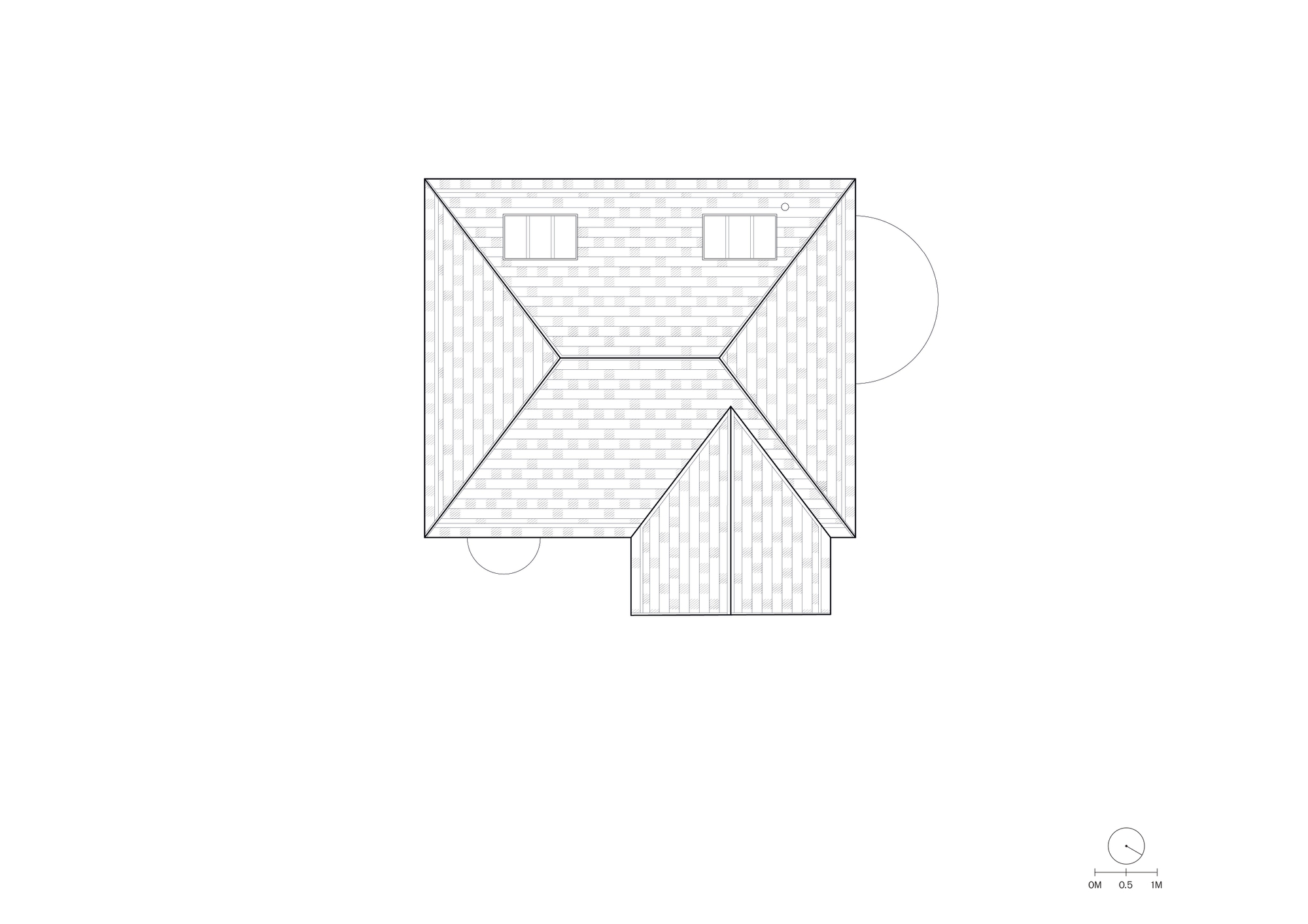 Roof plan drawing showing a hipped roof with two skylights and a smaller gabled projection, with curved outlines marking adjacent elements