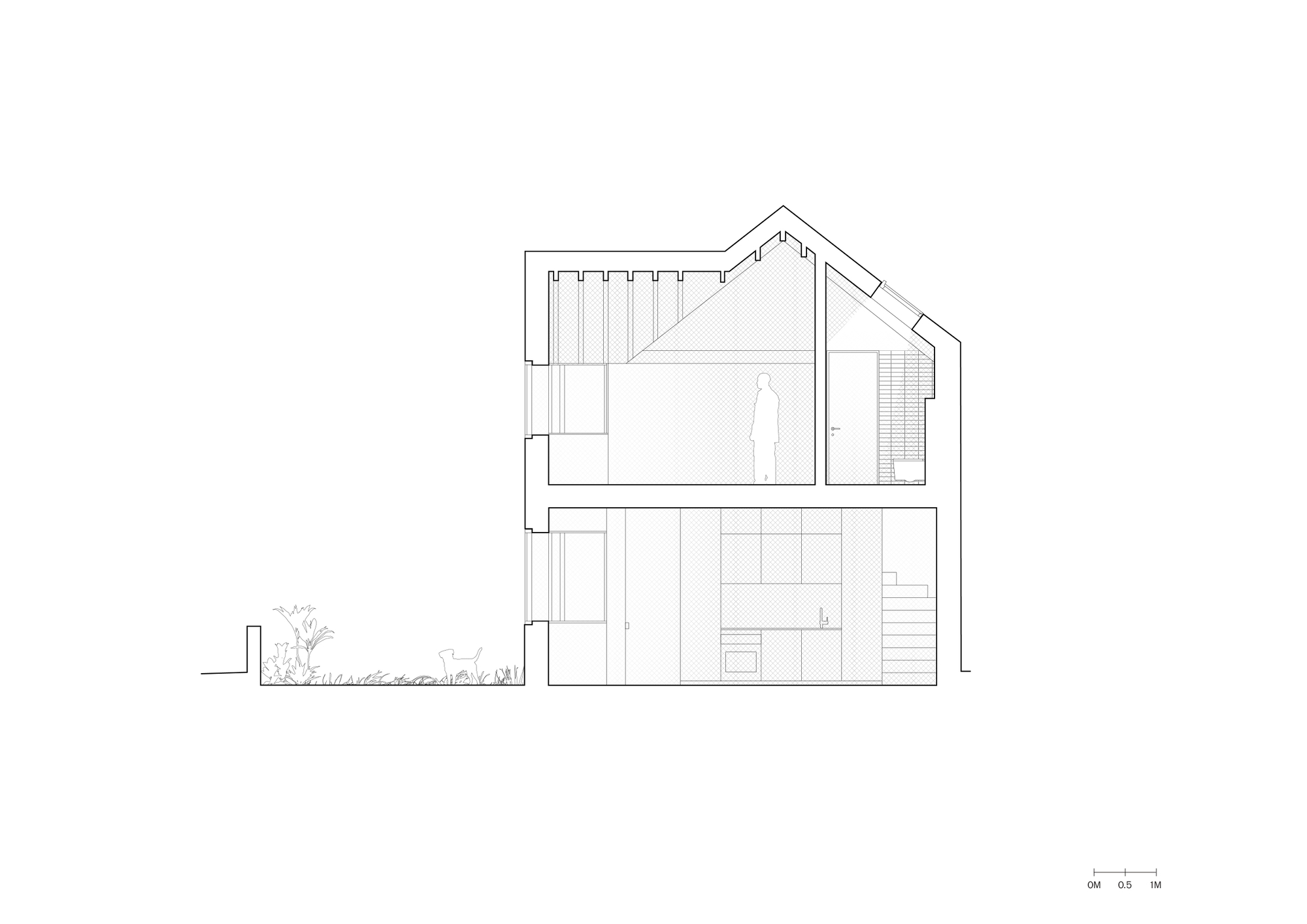 Section drawing of a two-storey house with kitchen joinery below, a pitched upper room with a standing figure, and a planted garden beside it