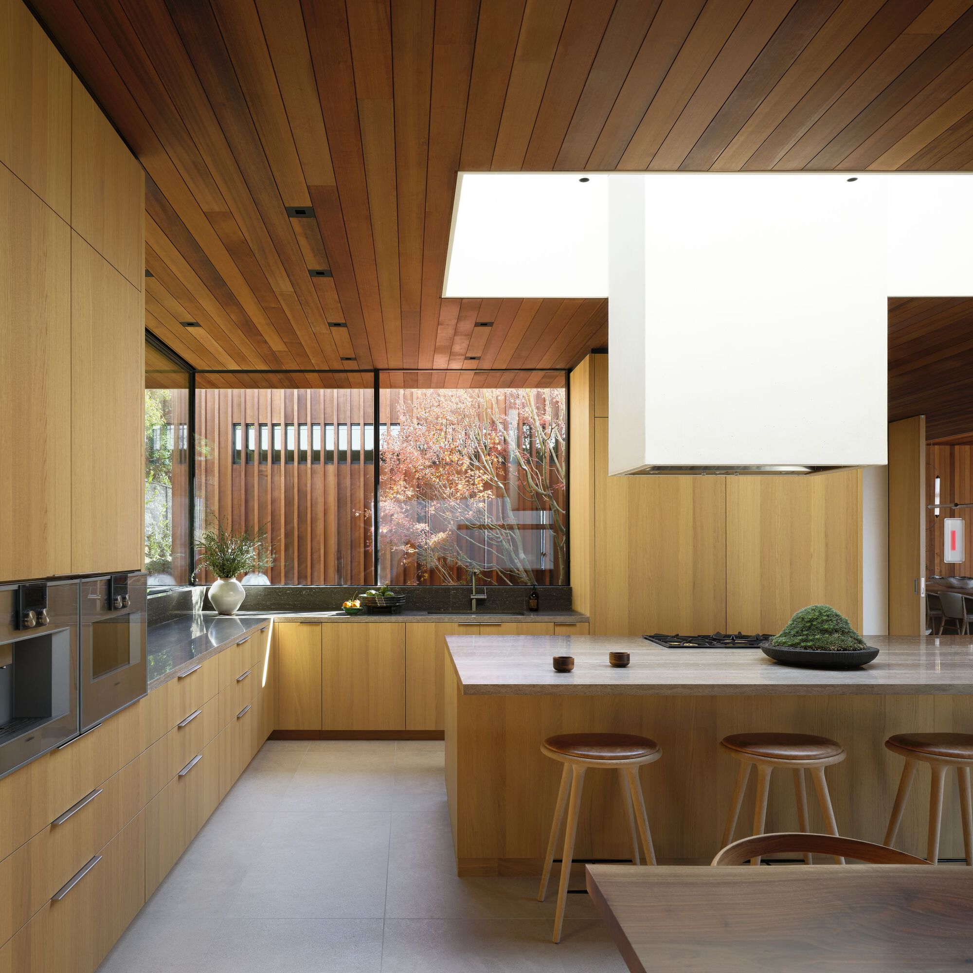 Oak kitchen with a central island, white range hood and corner window onto a red-leaved maple in autumn