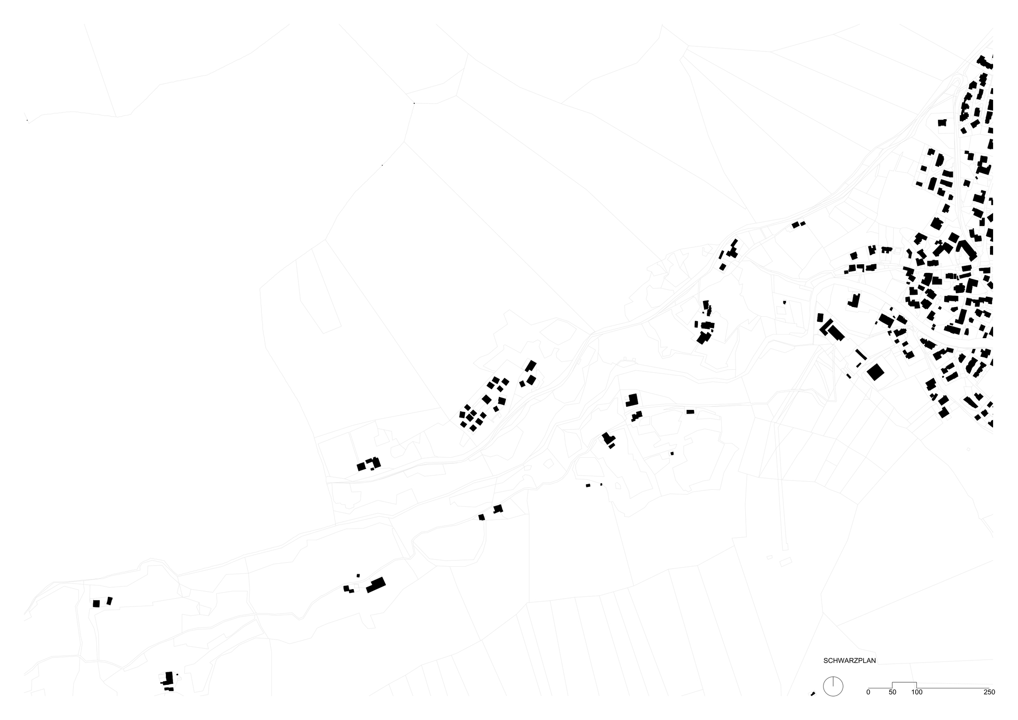 Black figure-ground site plan drawing showing scattered building footprints thinning out from a dense village edge, with a scale bar and north arrow