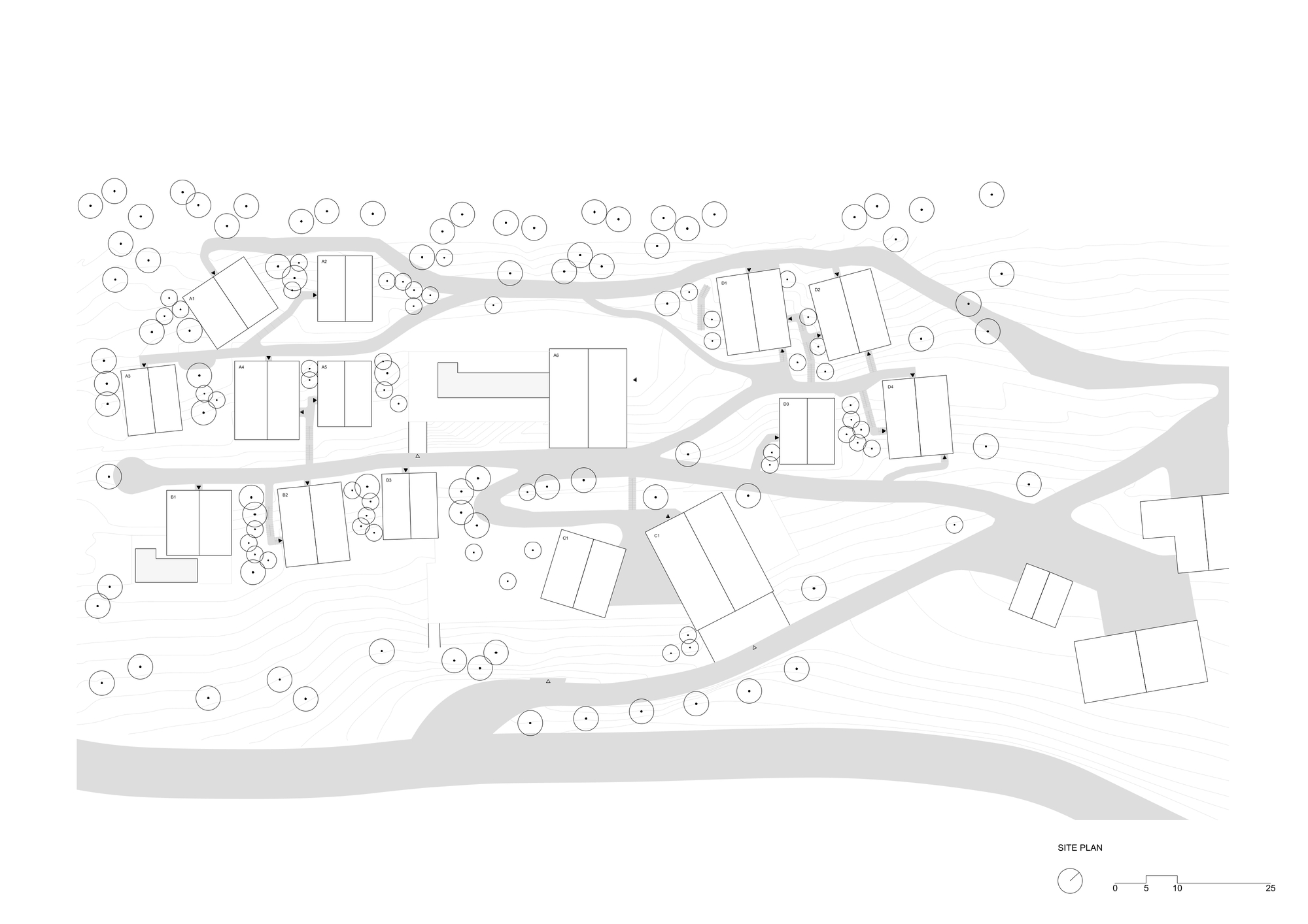 Site plan drawing showing scattered rectangular roofs, curving paths and tree circles across a sloping hillside plot