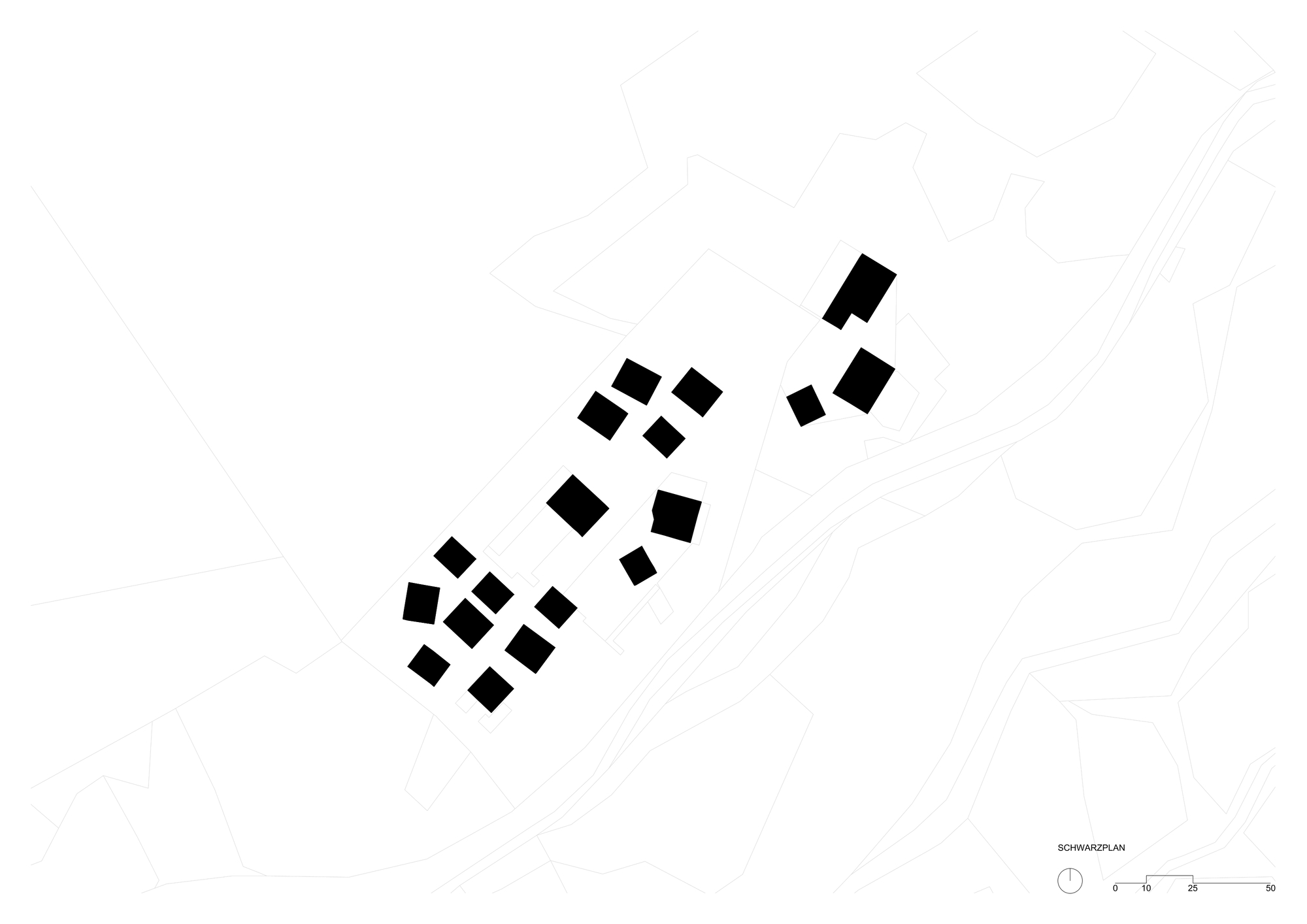 Schwarzplan figure-ground drawing showing small black building footprints clustered along a hillside, with contour lines and a road beside them