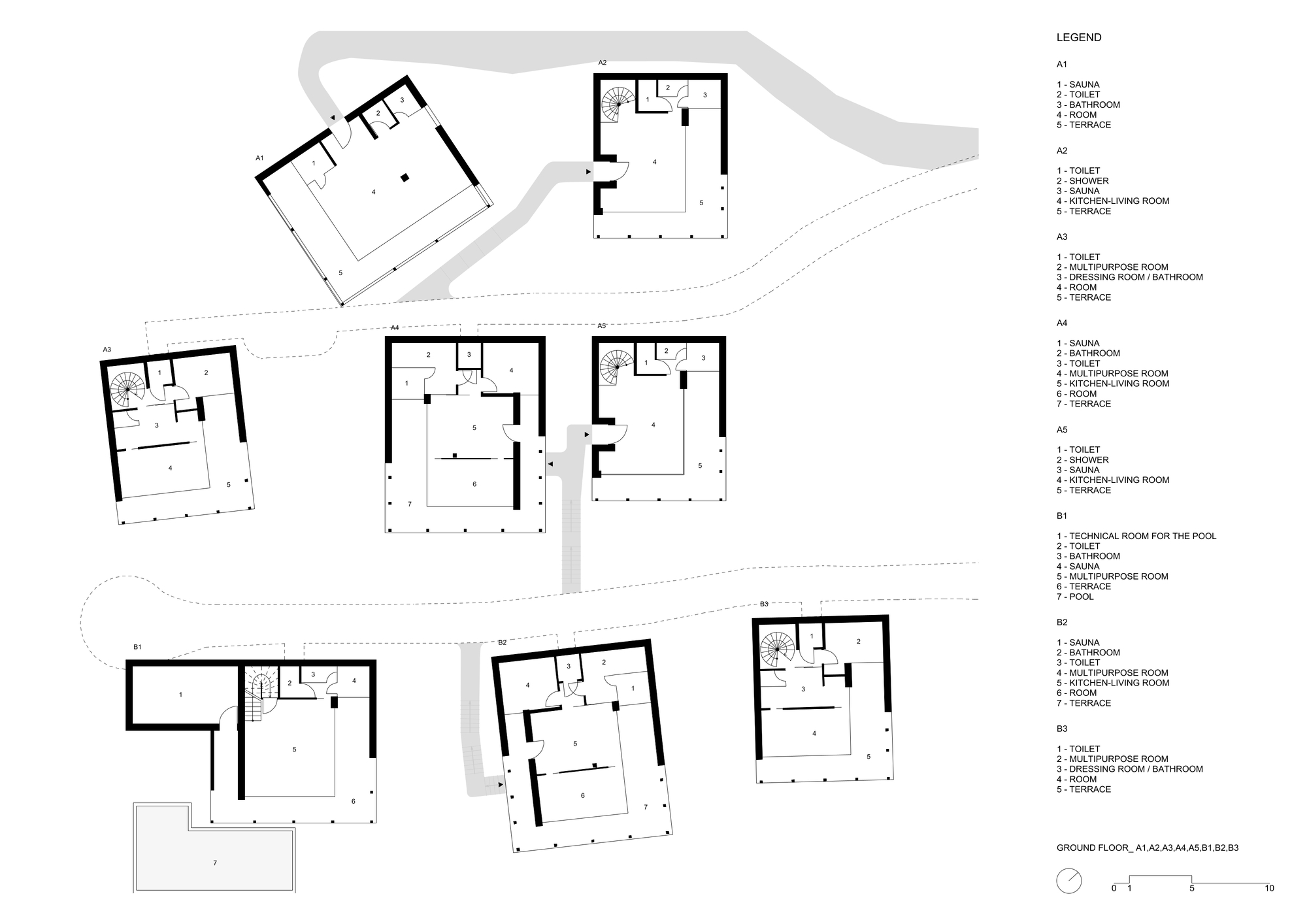 Ground floor plan drawing of nine small chalet units with saunas, terraces, a pool and a legend listing rooms