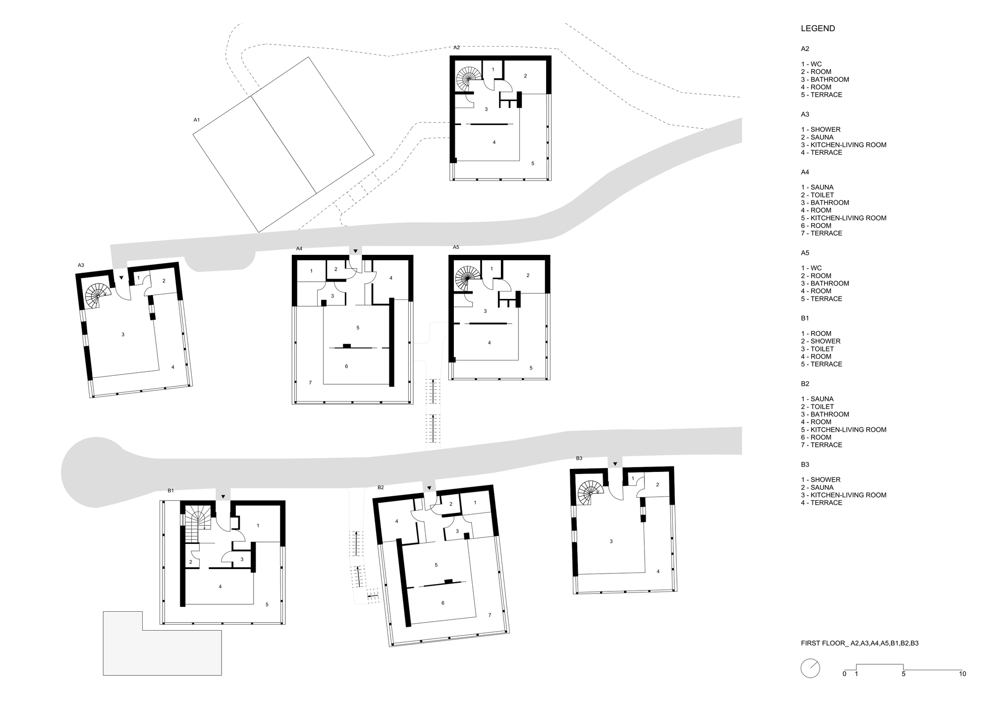 First floor plan drawing of the chalet units with bedrooms, bathrooms and terraces, linked by curving paths and a legend