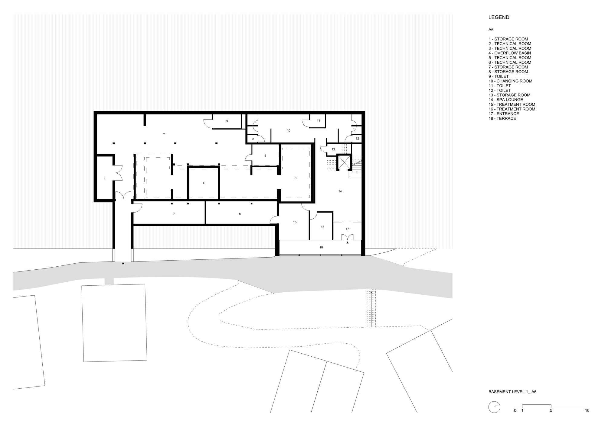 Basement level plan drawing of the spa building showing technical rooms, a changing room, treatment rooms and a lounge