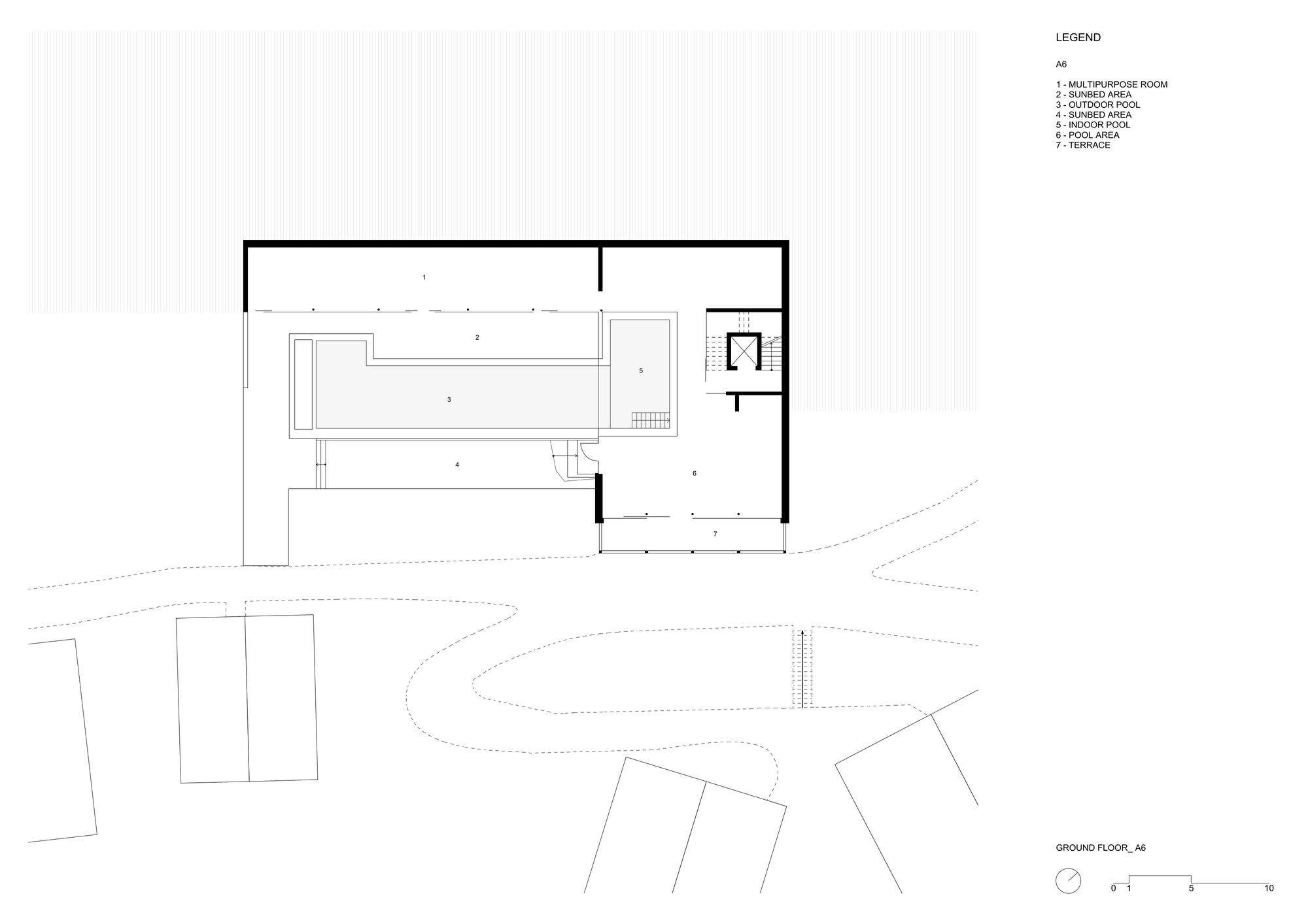 Ground floor plan drawing of the spa building showing a long outdoor pool, sunbed areas, an indoor pool and a terrace