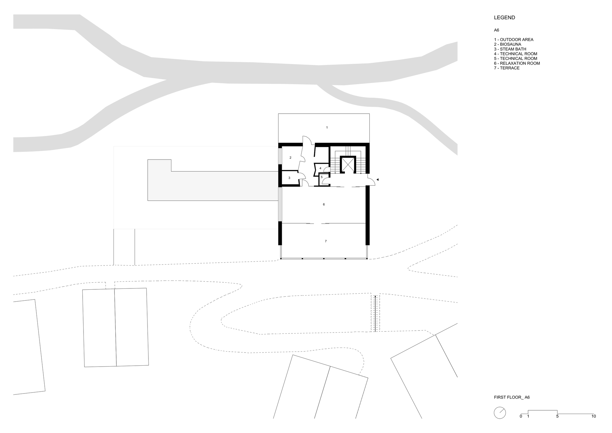 First floor plan drawing of a small volume with biosauna, steam bath, relaxation room and terrace beside a curving path