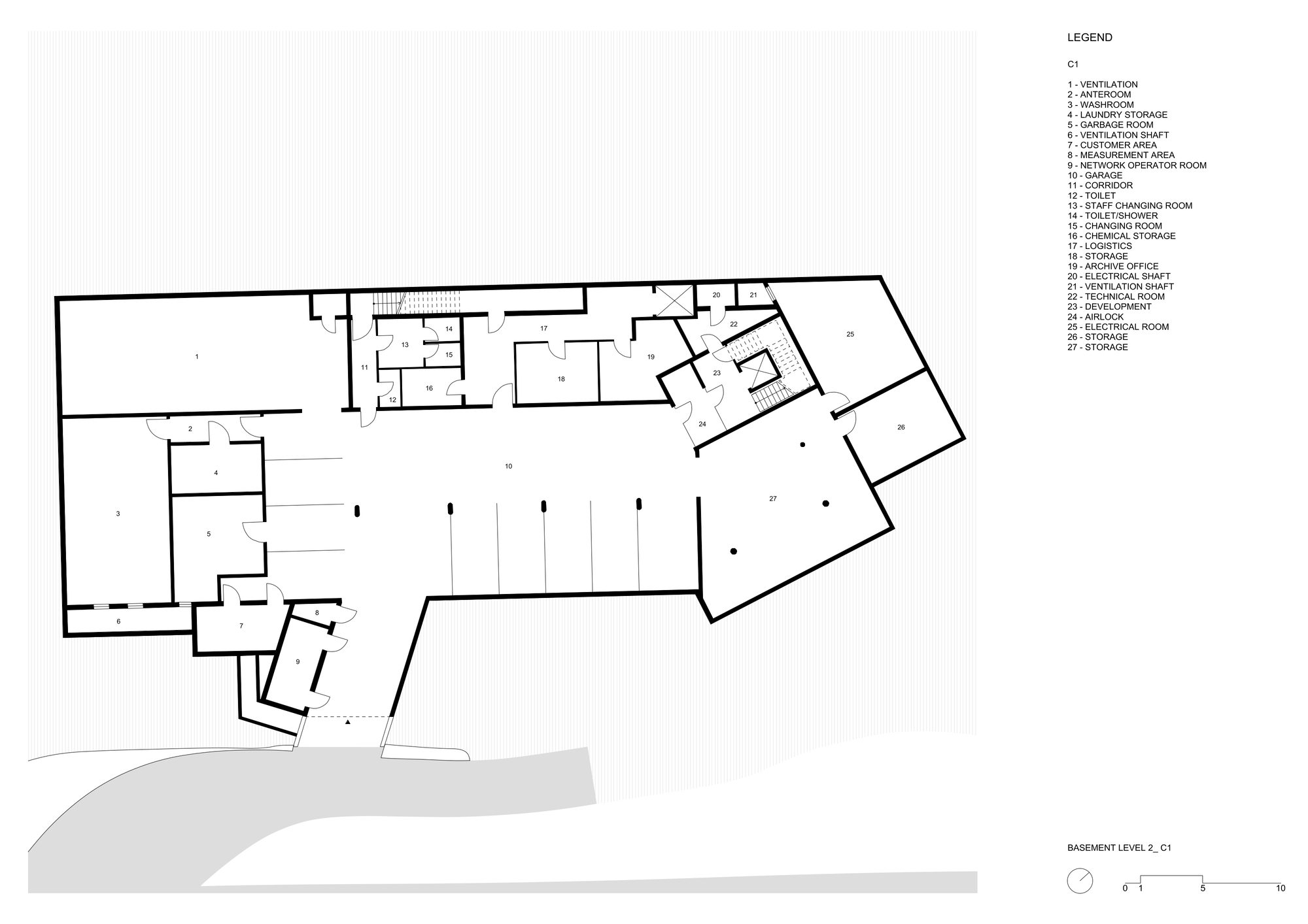 Basement level 2 floor plan drawing showing a central garage surrounded by storage, technical rooms, changing rooms and a stair core
