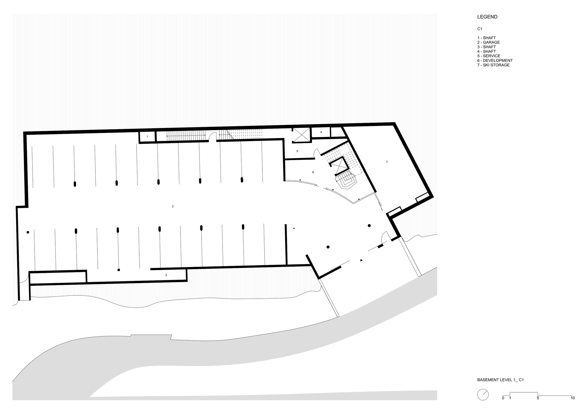 Basement level 1 floor plan drawing of a large garage with parking bays, a curved wall and a ski storage room
