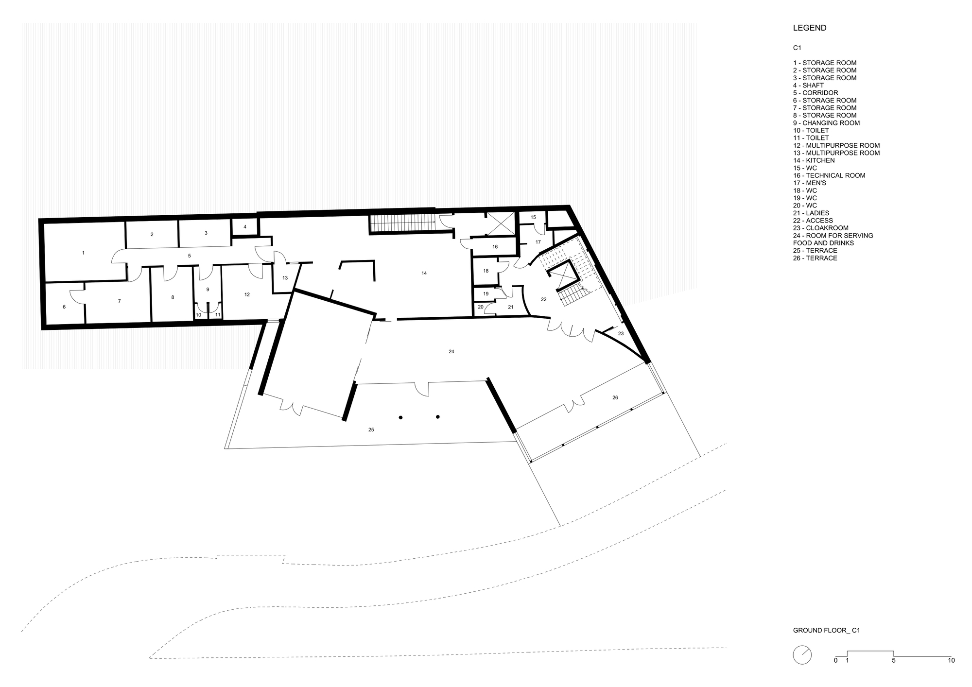 Ground floor plan drawing with storage rooms, kitchen, multipurpose rooms and an angled serving room opening onto two terraces