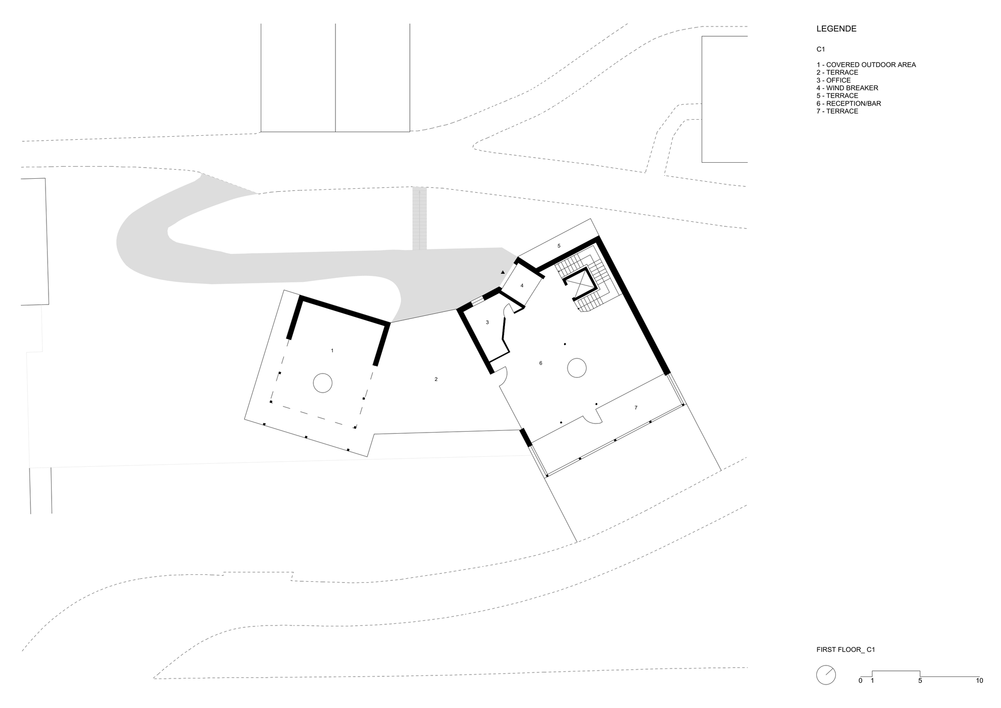 First floor plan drawing showing a reception and bar volume, a covered outdoor area and terraces beside a curved path