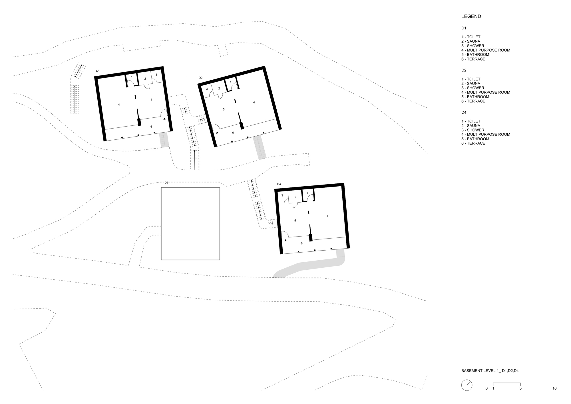 Site plan drawing of three square cabins on sloping ground, each with sauna, shower, multipurpose room and terrace