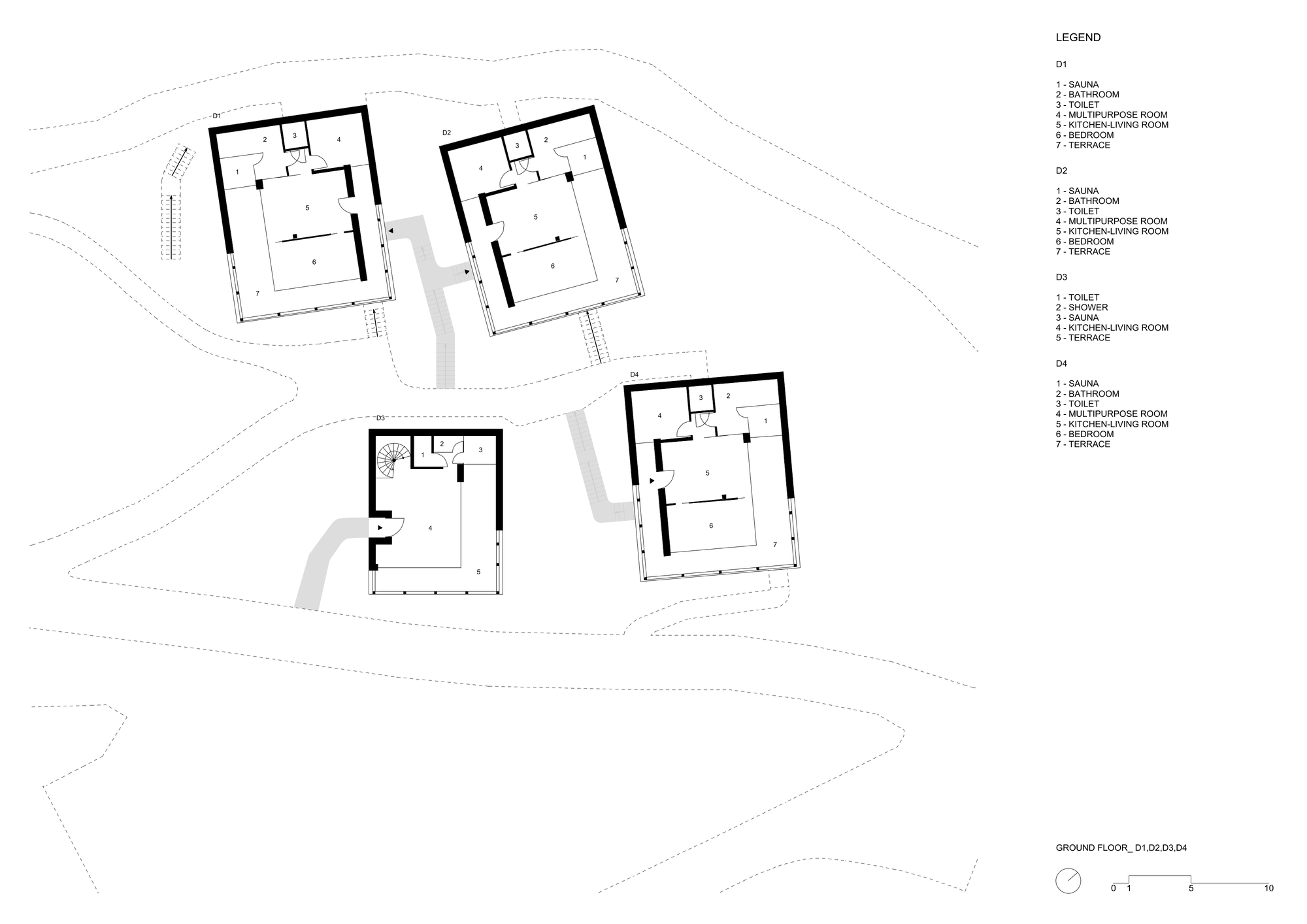 Ground floor plan drawing of four small chalet volumes scattered across a sloping site, with paths, terraces, saunas and living rooms labeled