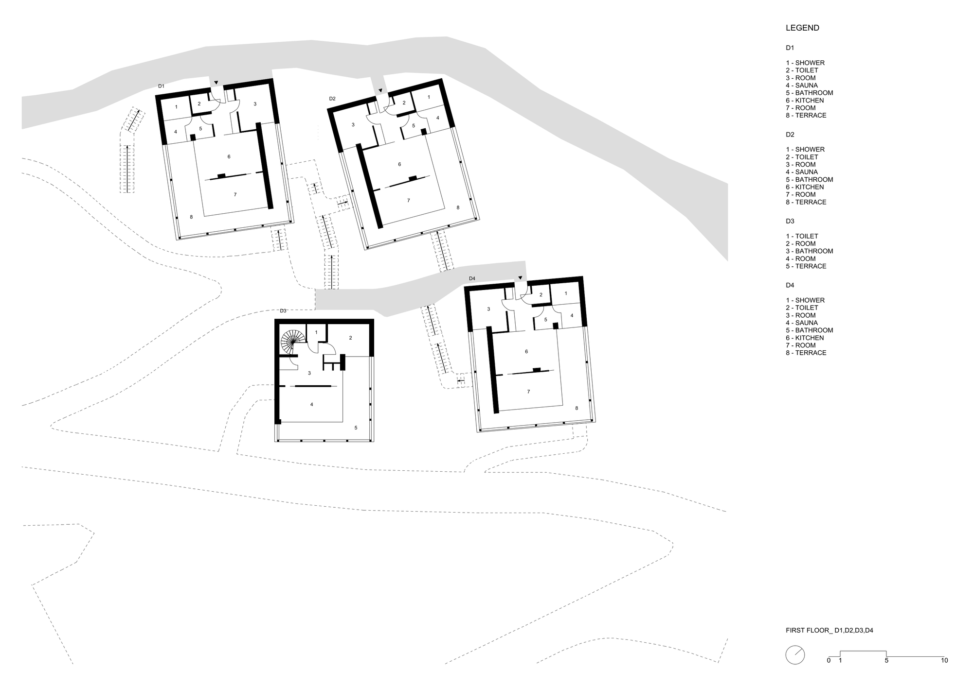 First floor plan drawing of four detached cabins on a contoured slope, showing bedrooms, kitchens, terraces and access paths from above
