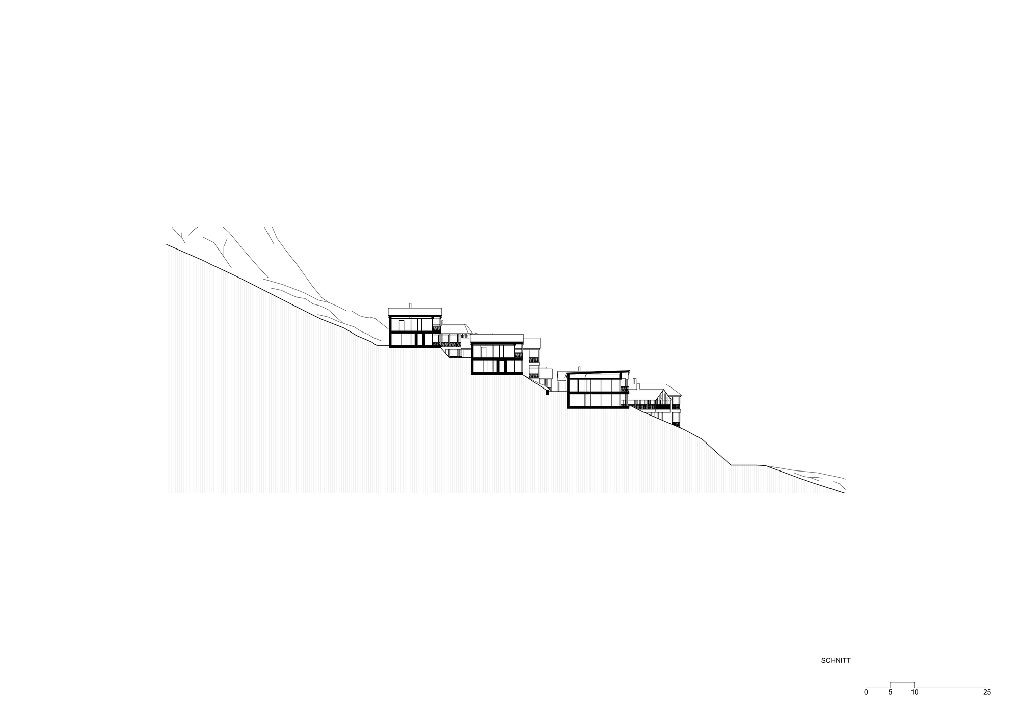 Section drawing of three stepped chalet volumes cut through a steep mountain slope, with a rocky ridge line above