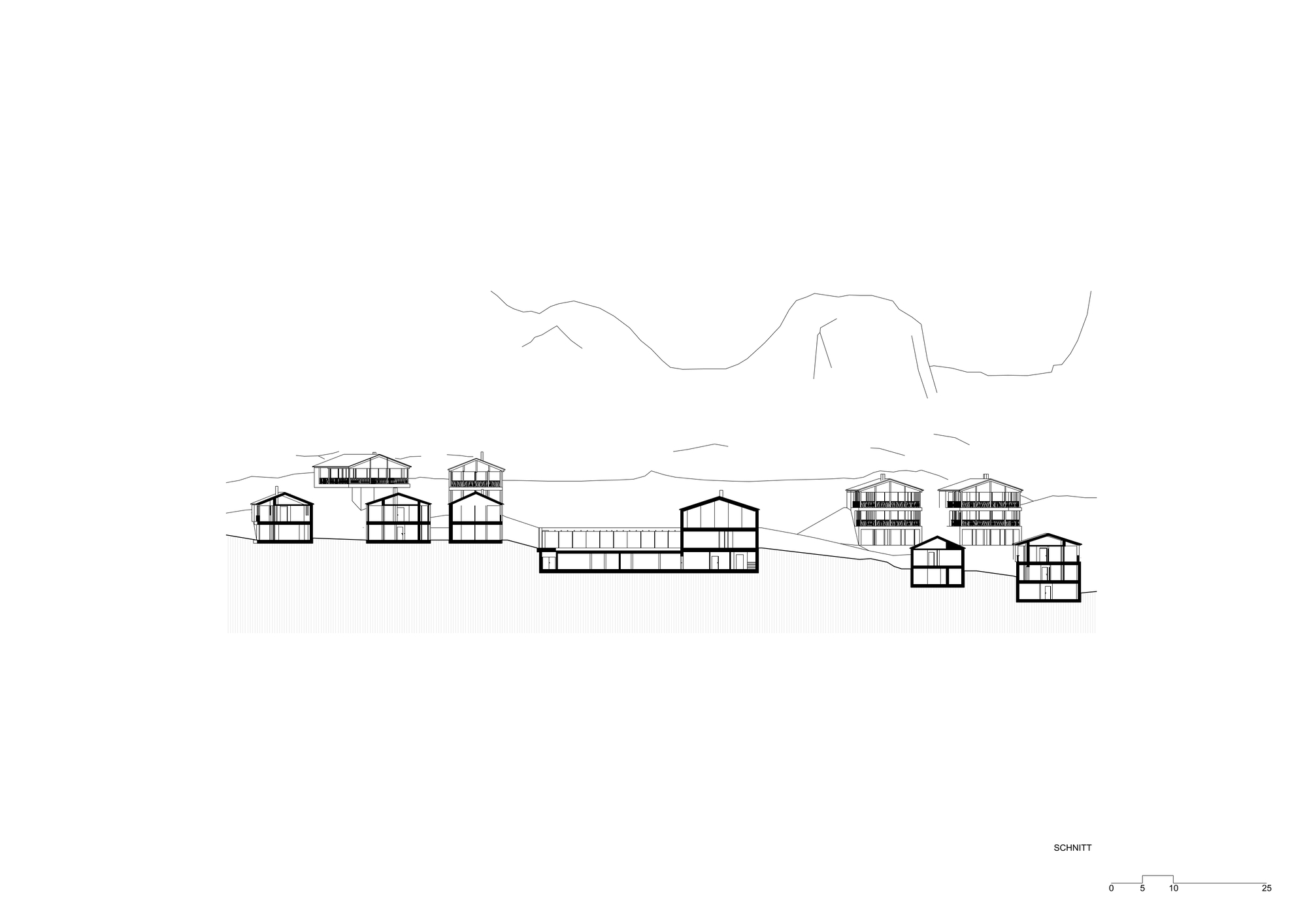 Section drawing of gabled chalets and a long low building set along a hillside, with a jagged mountain silhouette behind