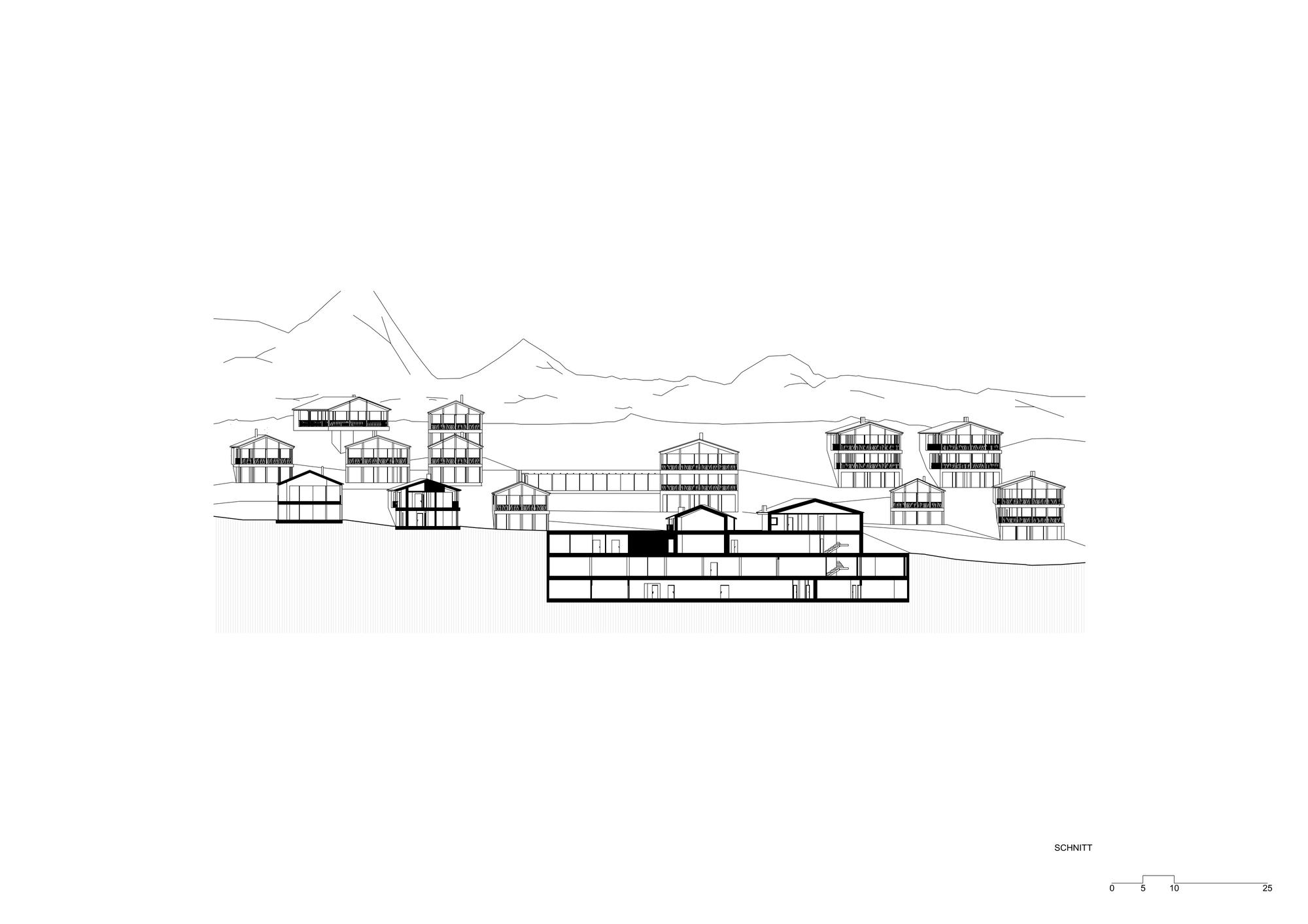 Section drawing of a large multi-level building in the foreground, with rows of gabled chalets climbing the slope and mountains beyond