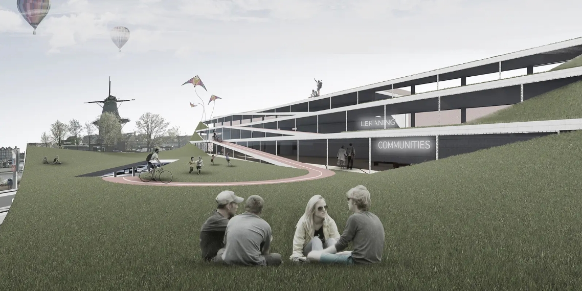 Rendering of a stepped, grass-covered terraced building with a looping bicycle ramp, a windmill behind, and four people seated on the lawn beneath kites and bal. Image: Adam Vadas