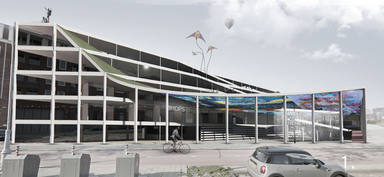 Rendering of the street facade with sloping green terraces and a mural canopy, a cyclist passing and kites in a cloudy sky. Image: Adam Vadas