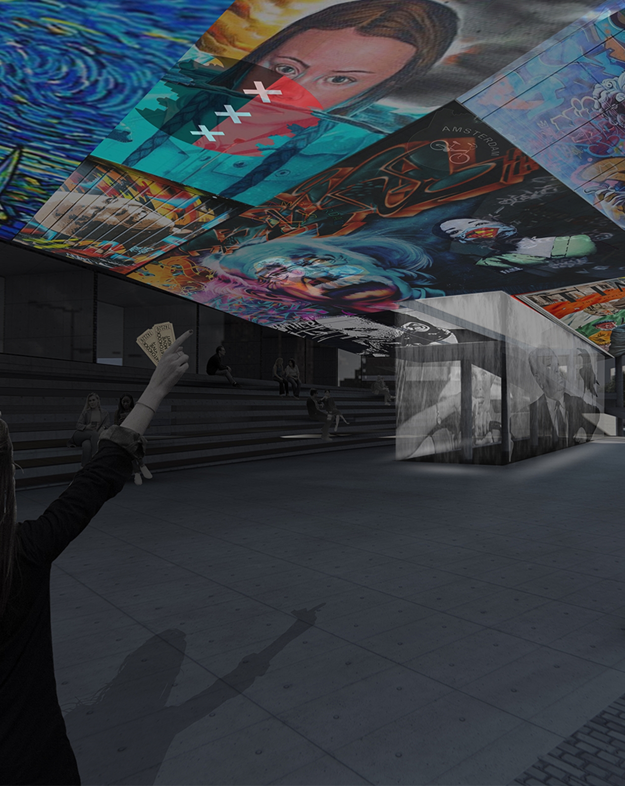 Rendering of the covered plaza under a ceiling of graffiti-style murals, with stepped seating and a woman raising a ticket at dusk. Image: Adam Vadas