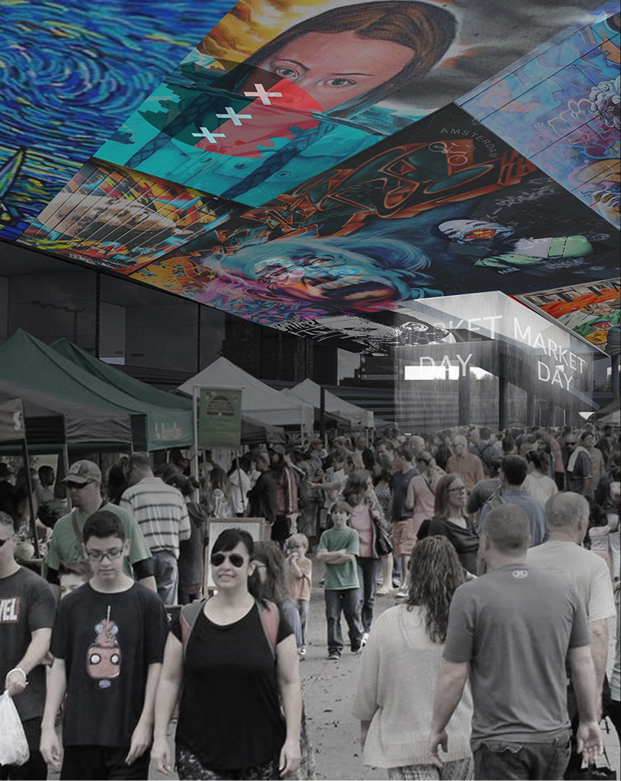 Rendering of a crowded market day beneath the mural ceiling, with canopy tents and shoppers walking through the plaza. Image: Adam Vadas